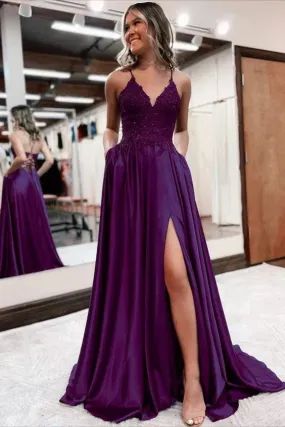 Elegant Formal Women's Dresses A Line Satin Long Prom Dresses Appliques Split Formal Dress