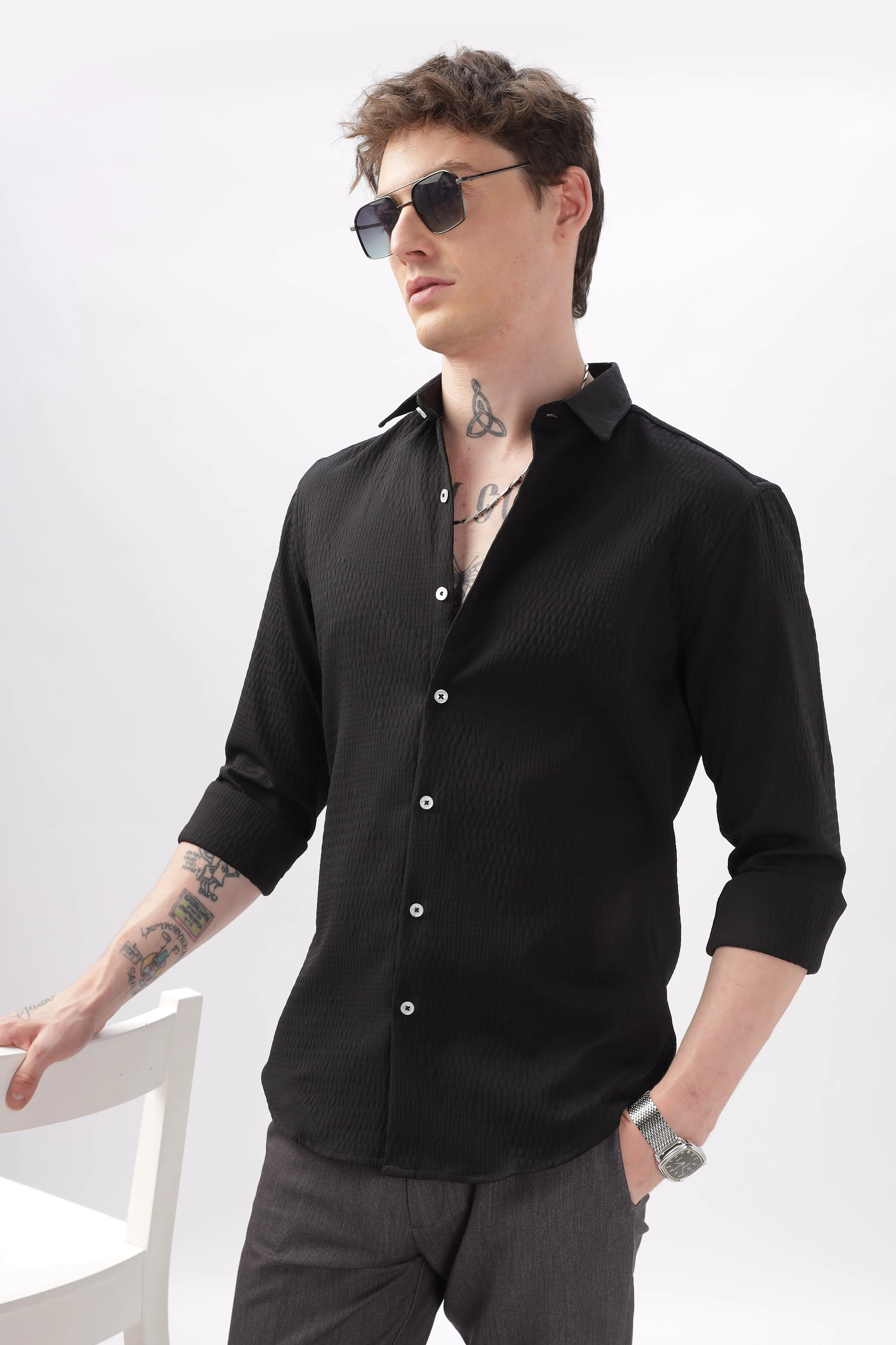 Faux Alligator Print Black Textured Shirt