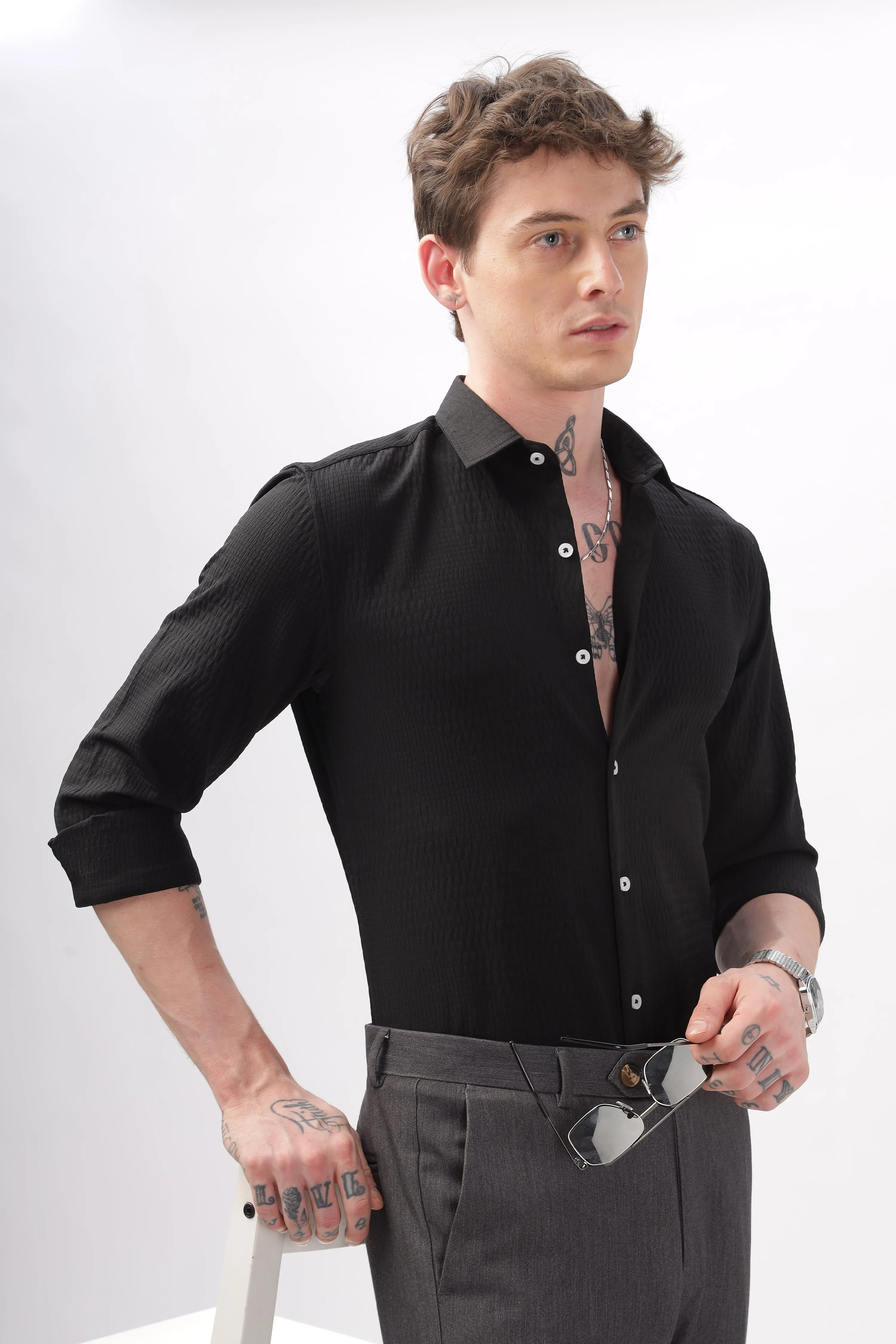 Faux Alligator Print Black Textured Shirt