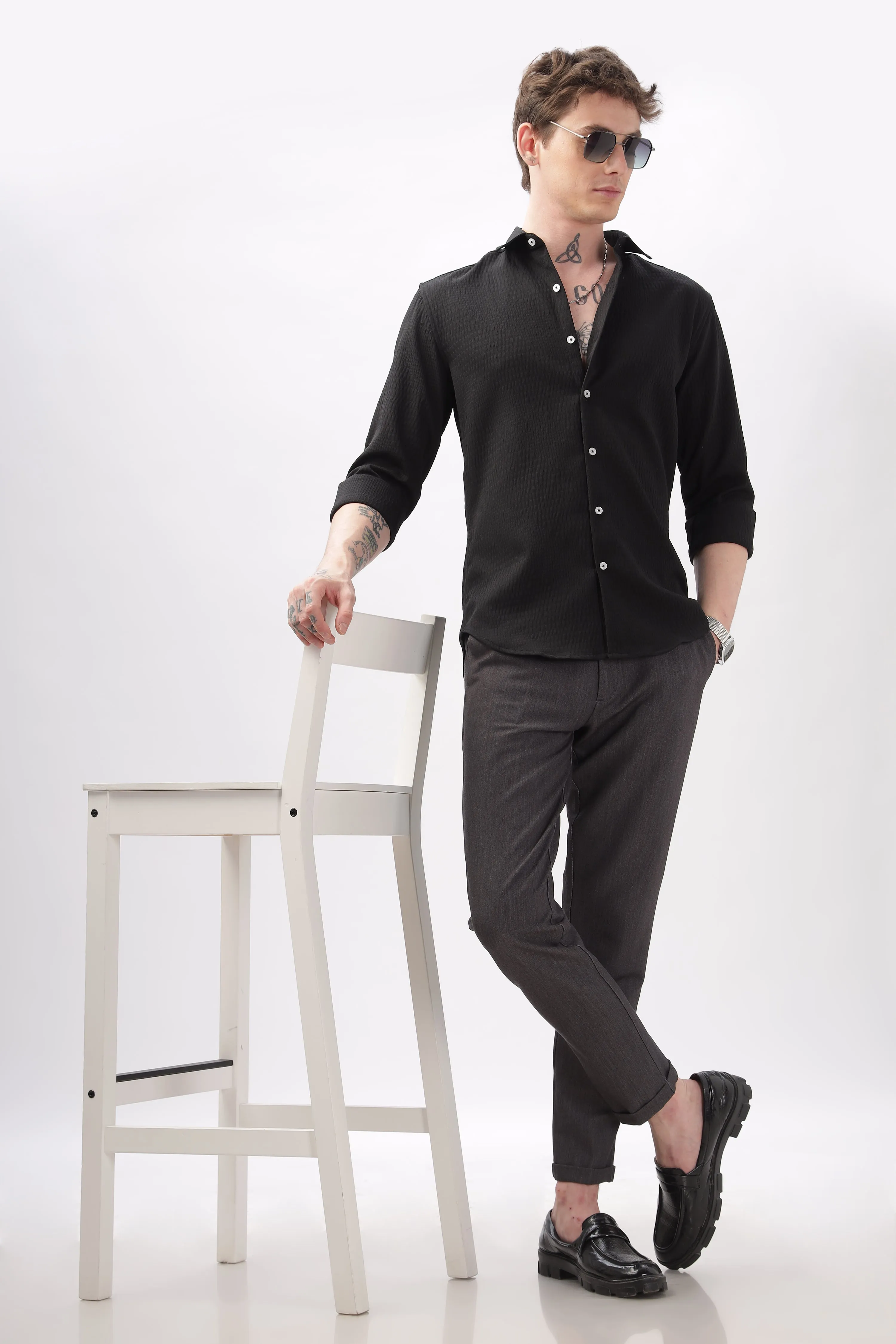 Faux Alligator Print Black Textured Shirt