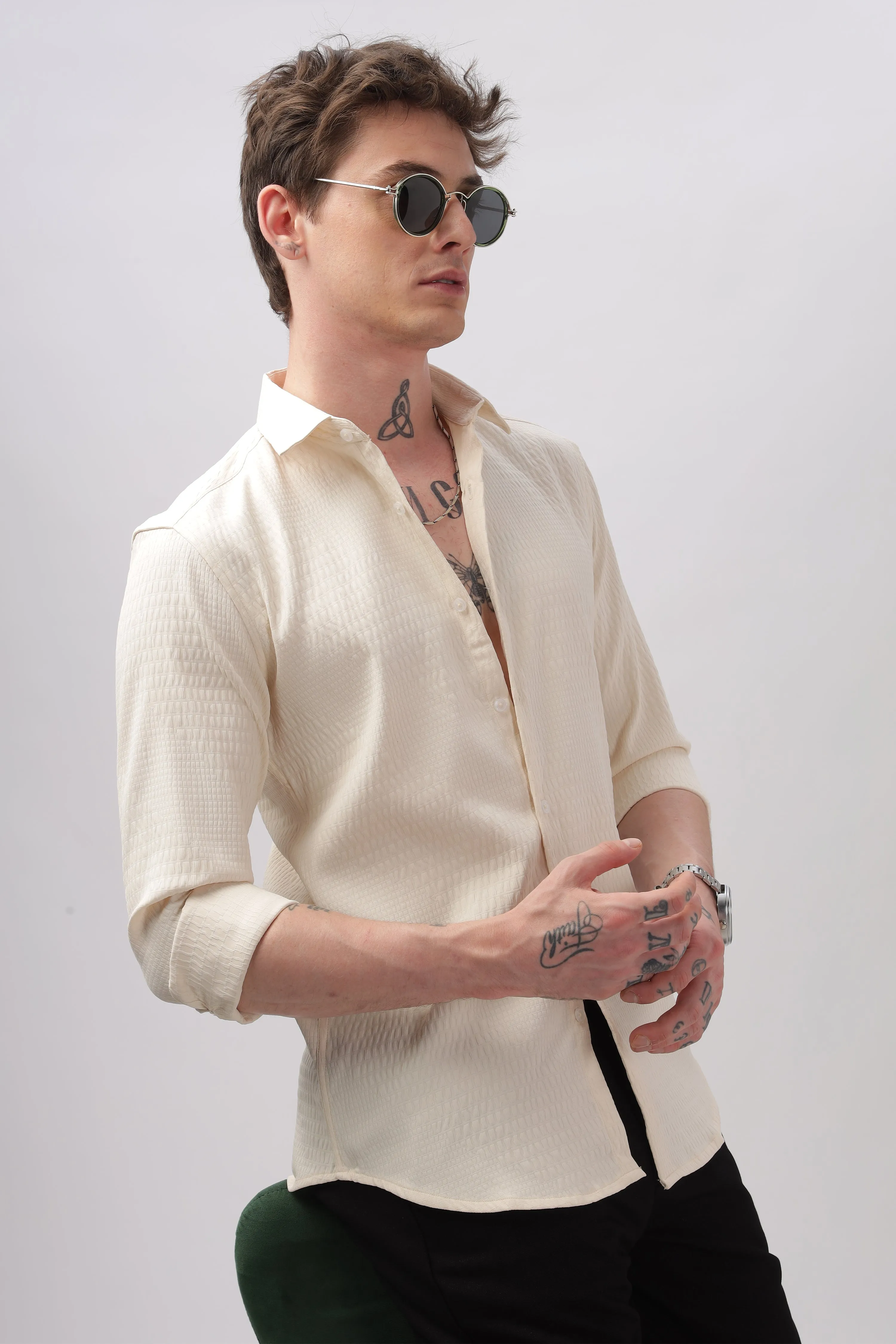 Faux Alligator Print Cream Textured Shirt