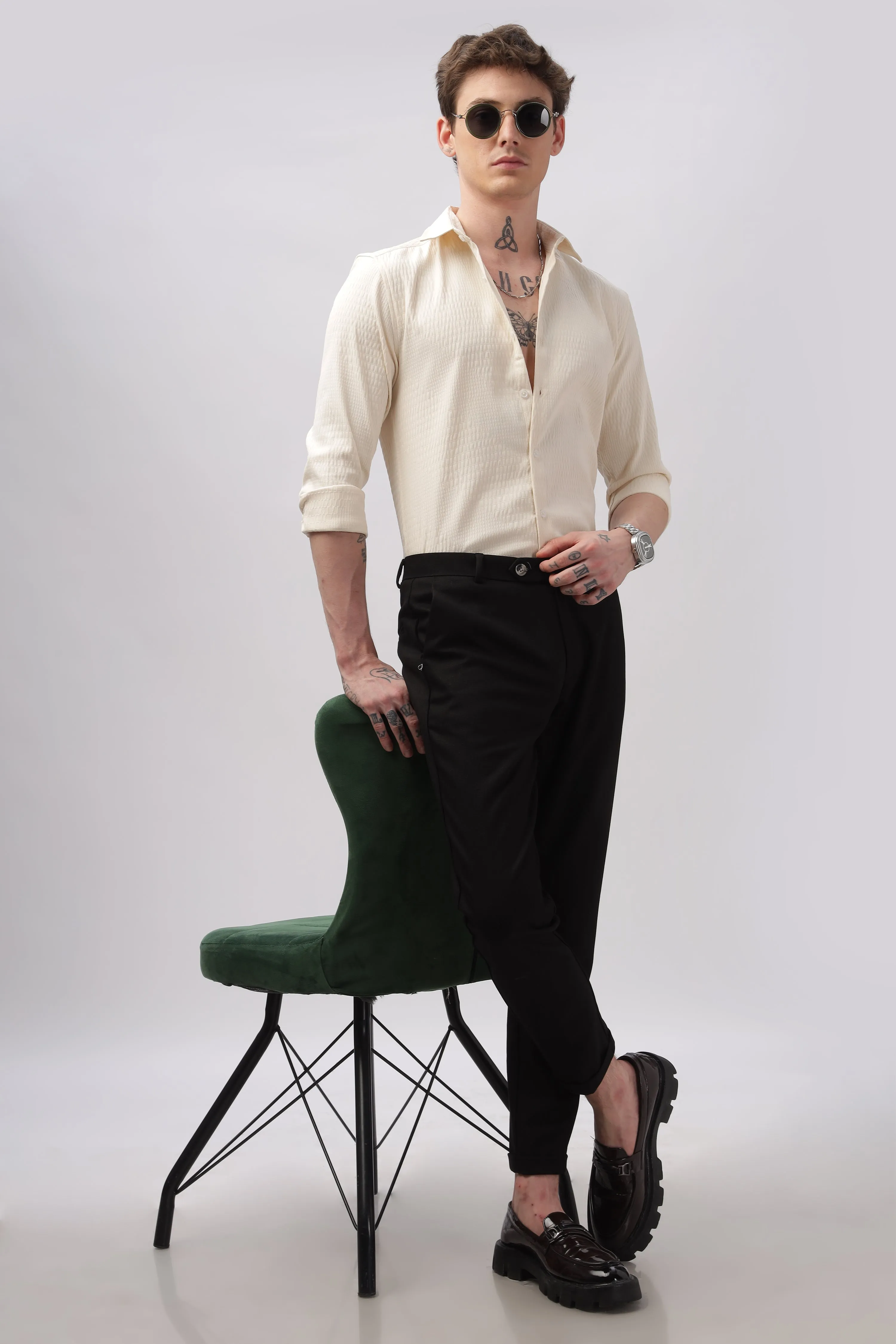 Faux Alligator Print Cream Textured Shirt