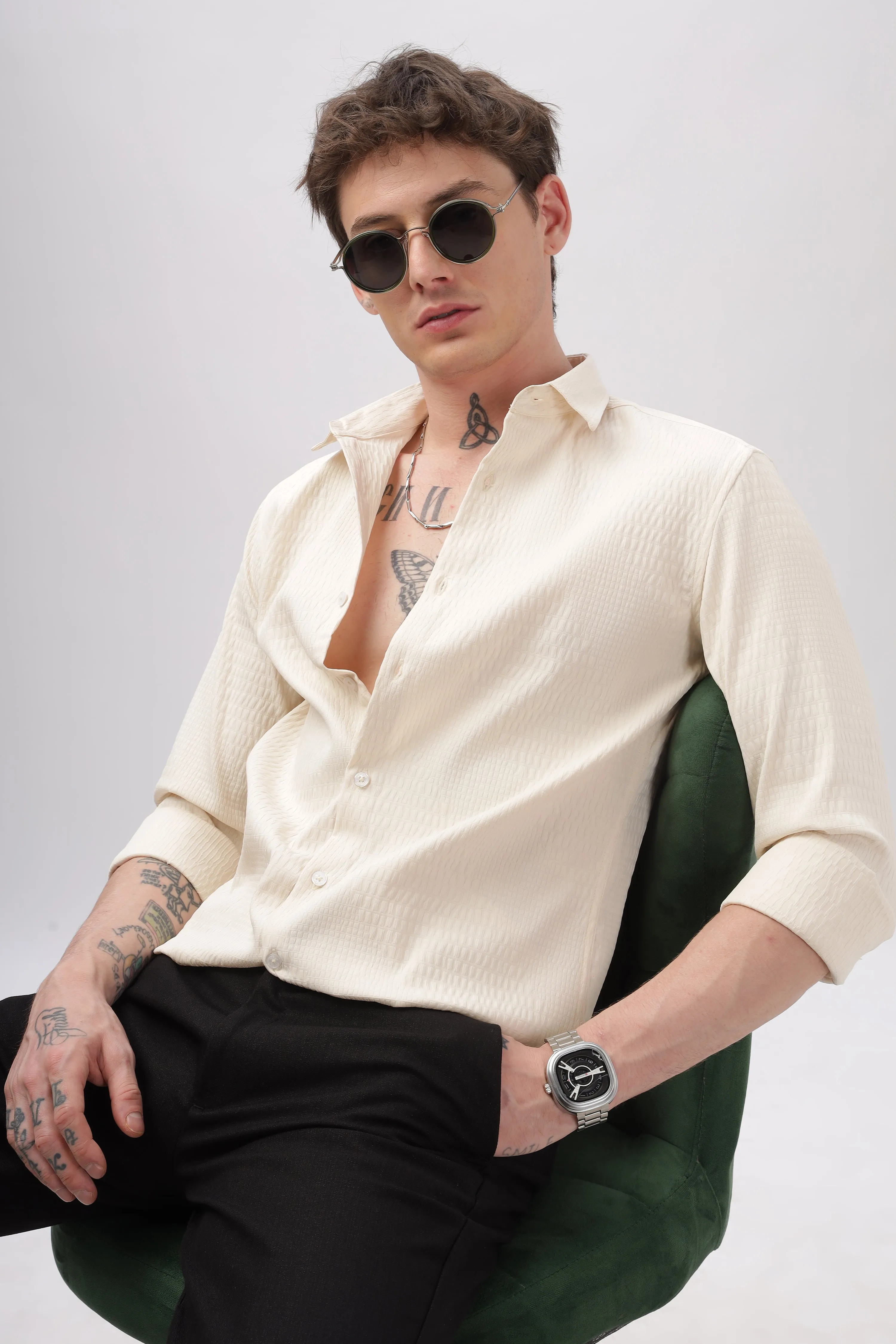 Faux Alligator Print Cream Textured Shirt