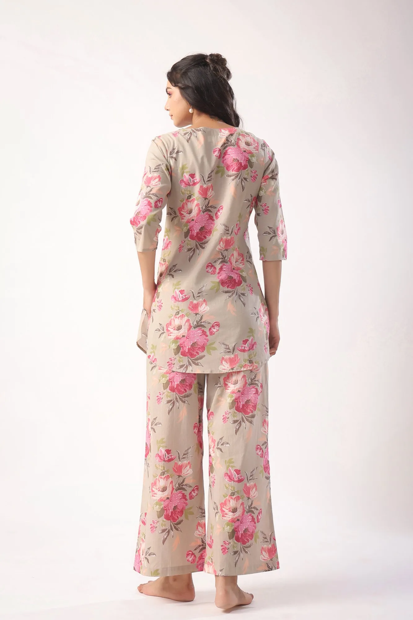 Floral Motifs On Grey Lounge Co-ord Set