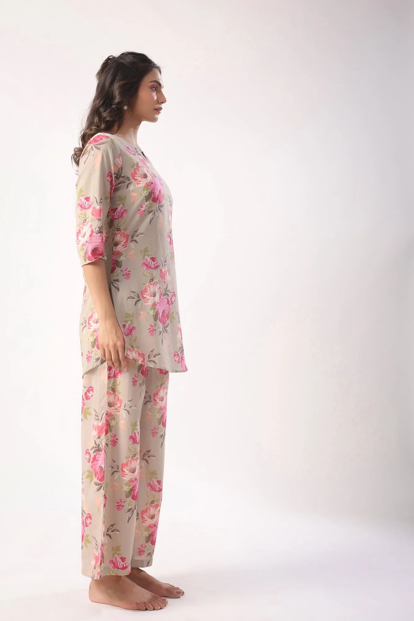 Floral Motifs On Grey Lounge Co-ord Set