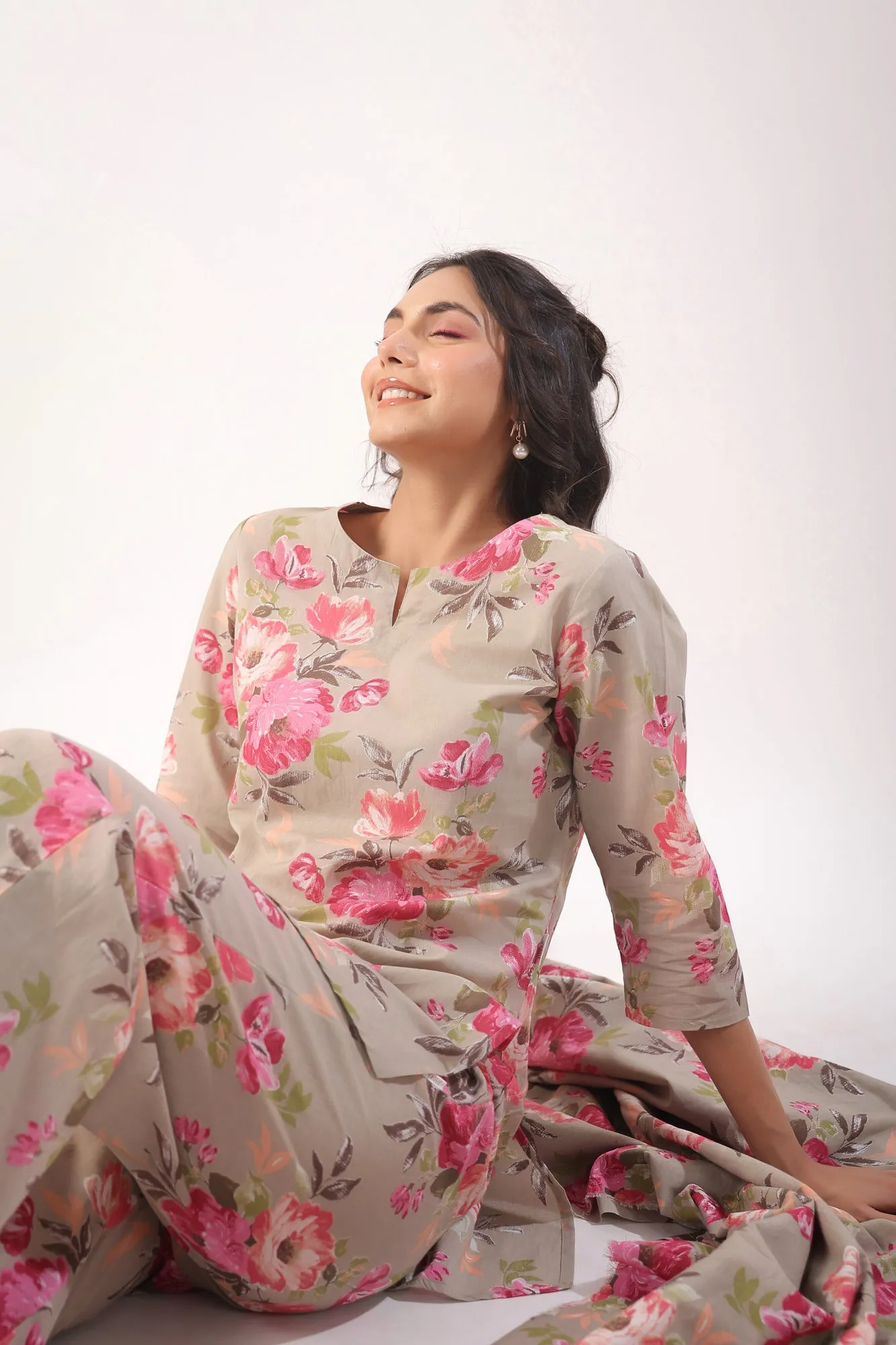 Floral Motifs On Grey Lounge Co-ord Set