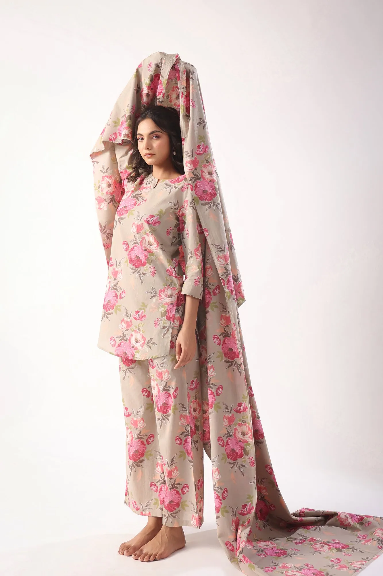 Floral Motifs On Grey Lounge Co-ord Set