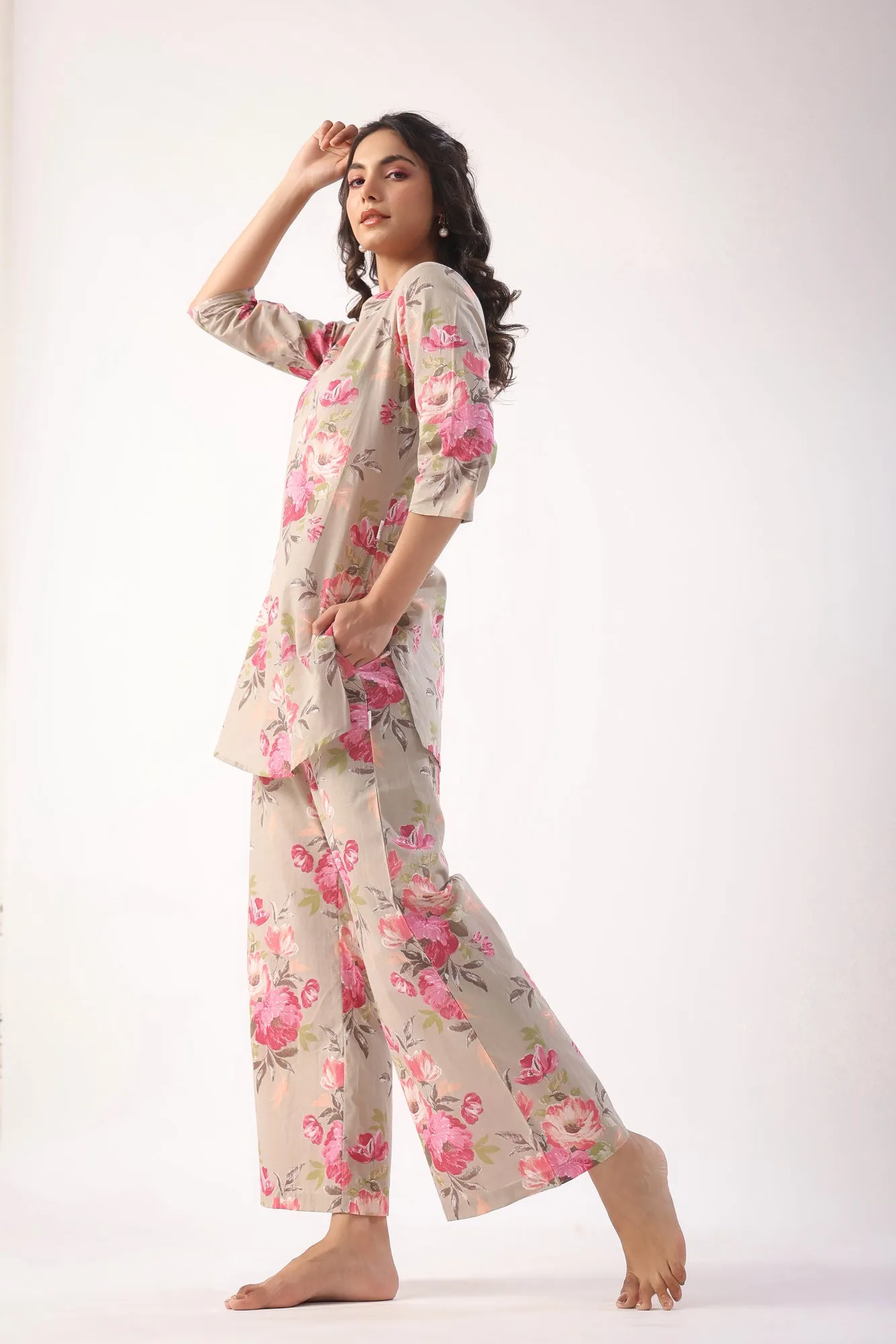 Floral Motifs On Grey Lounge Co-ord Set