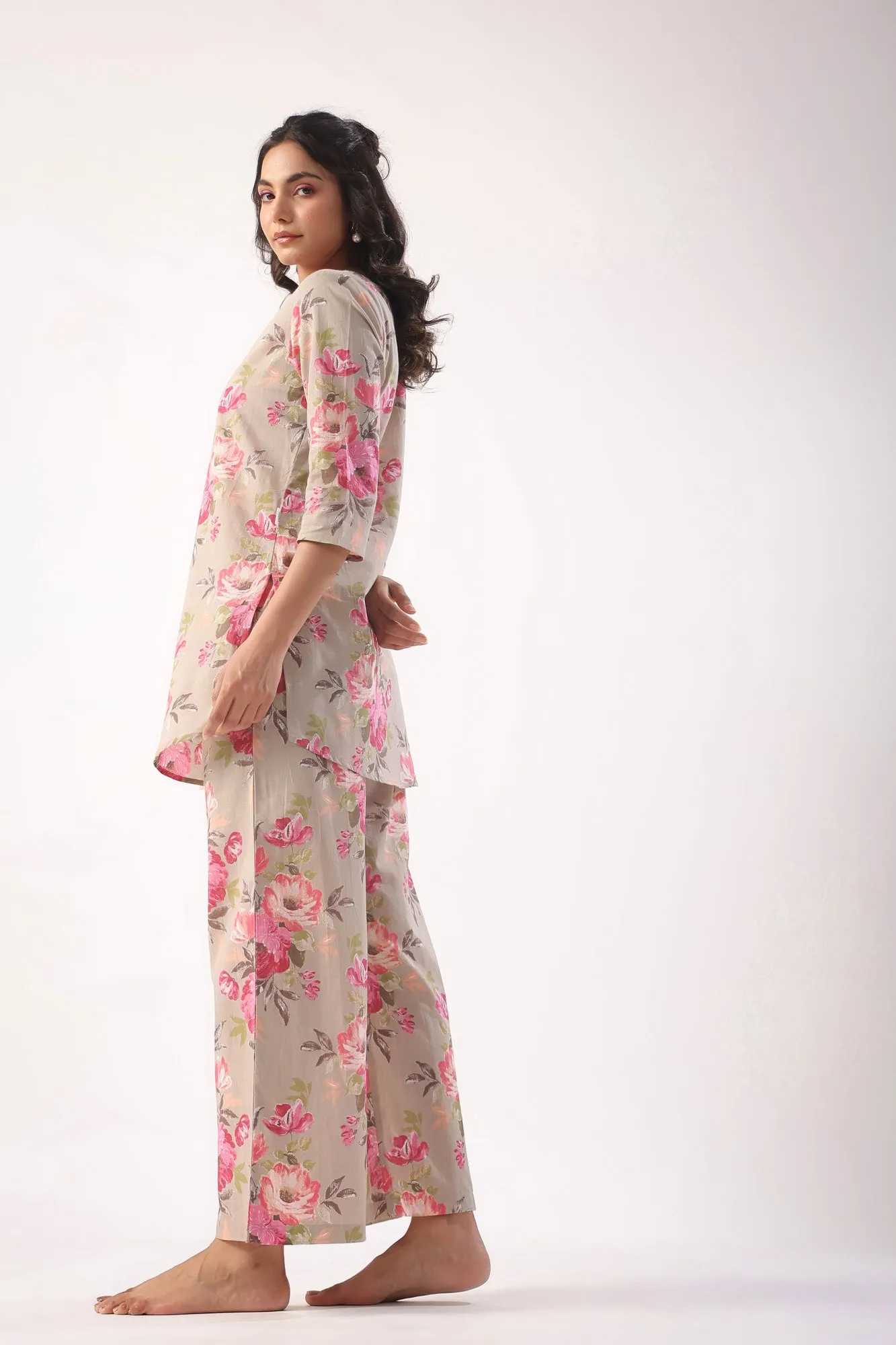 Floral Motifs On Grey Lounge Co-ord Set