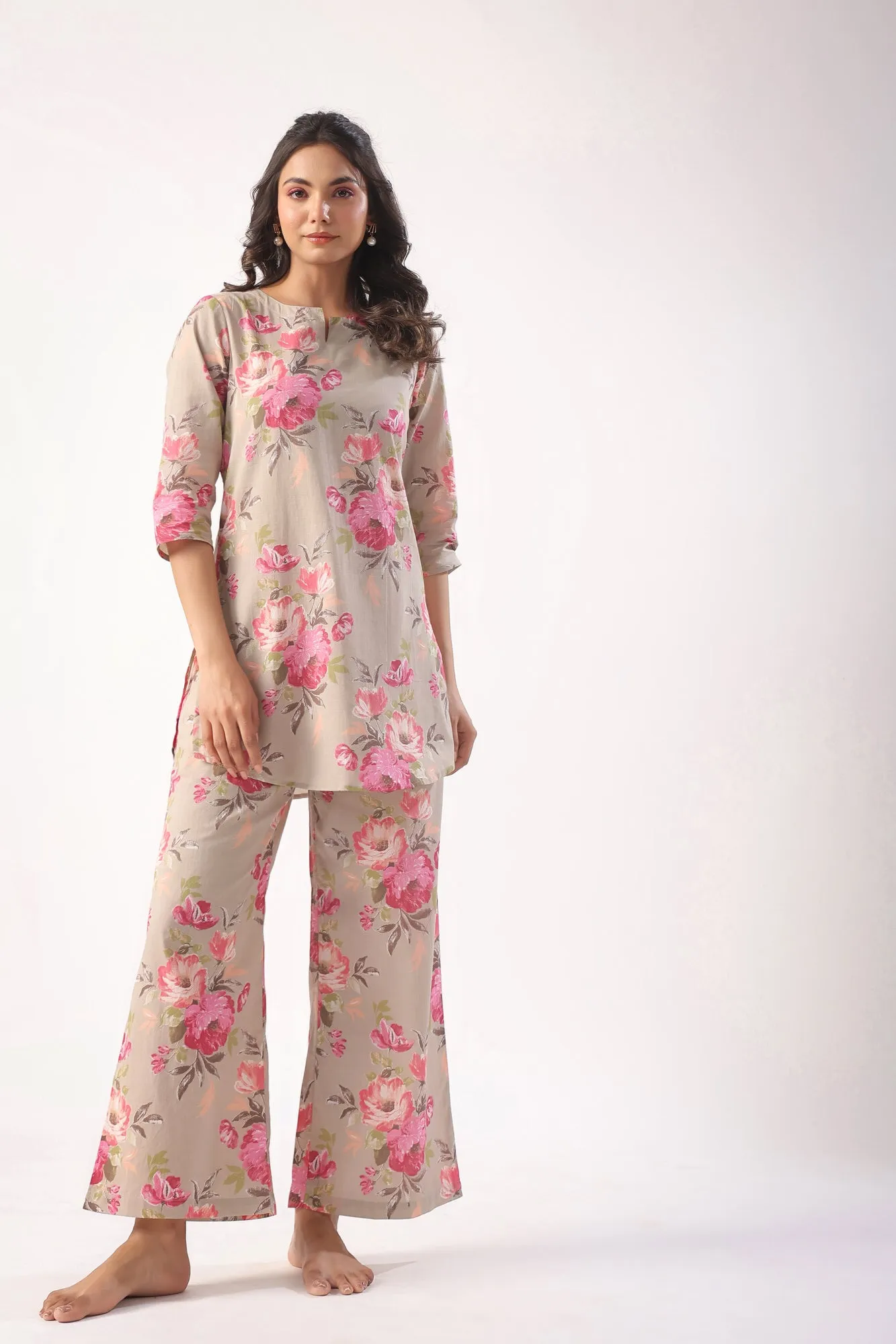 Floral Motifs On Grey Lounge Co-ord Set