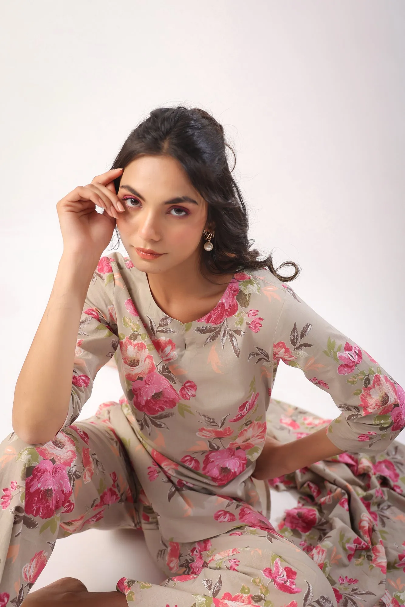 Floral Motifs On Grey Lounge Co-ord Set