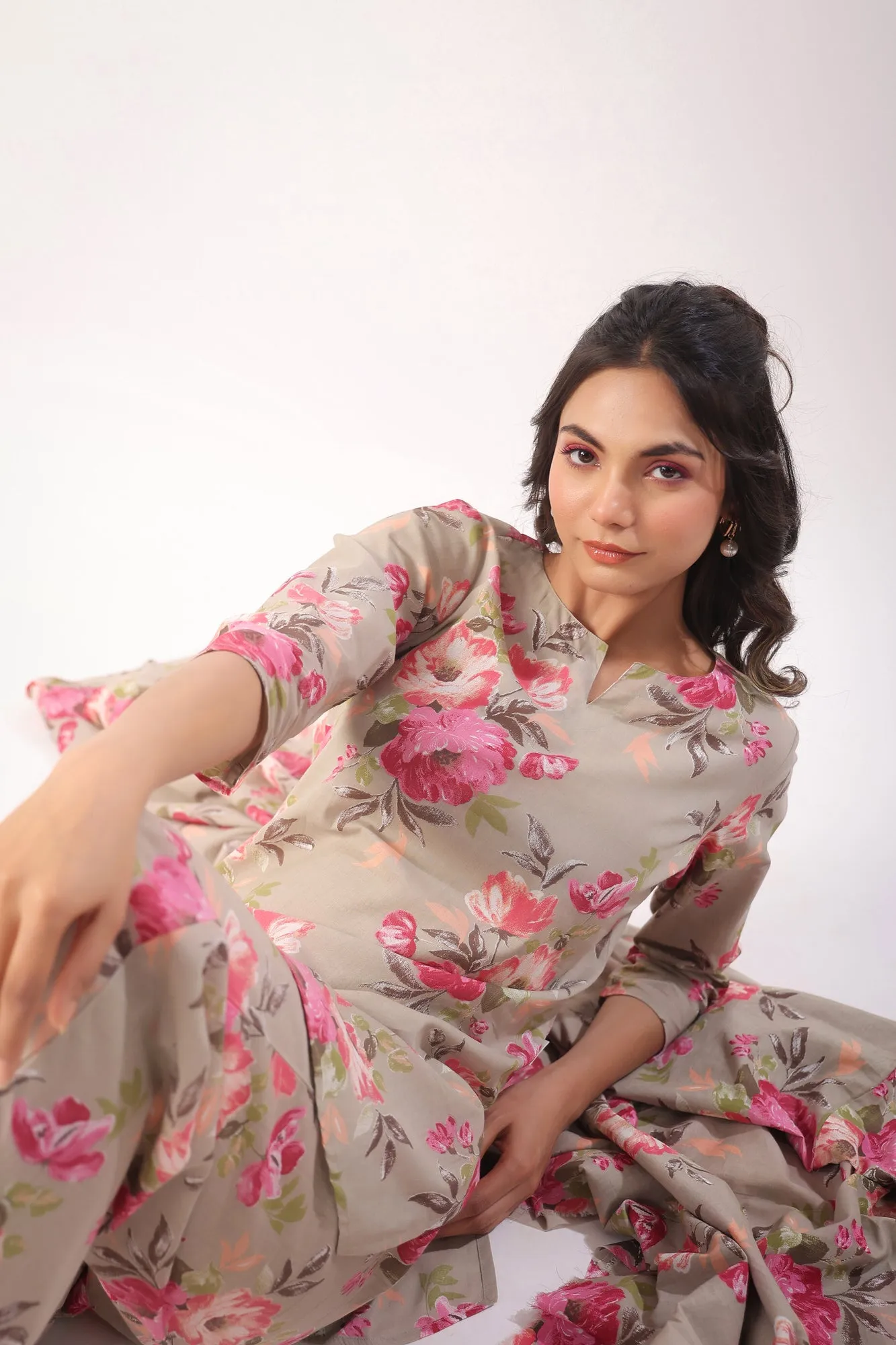 Floral Motifs On Grey Lounge Co-ord Set