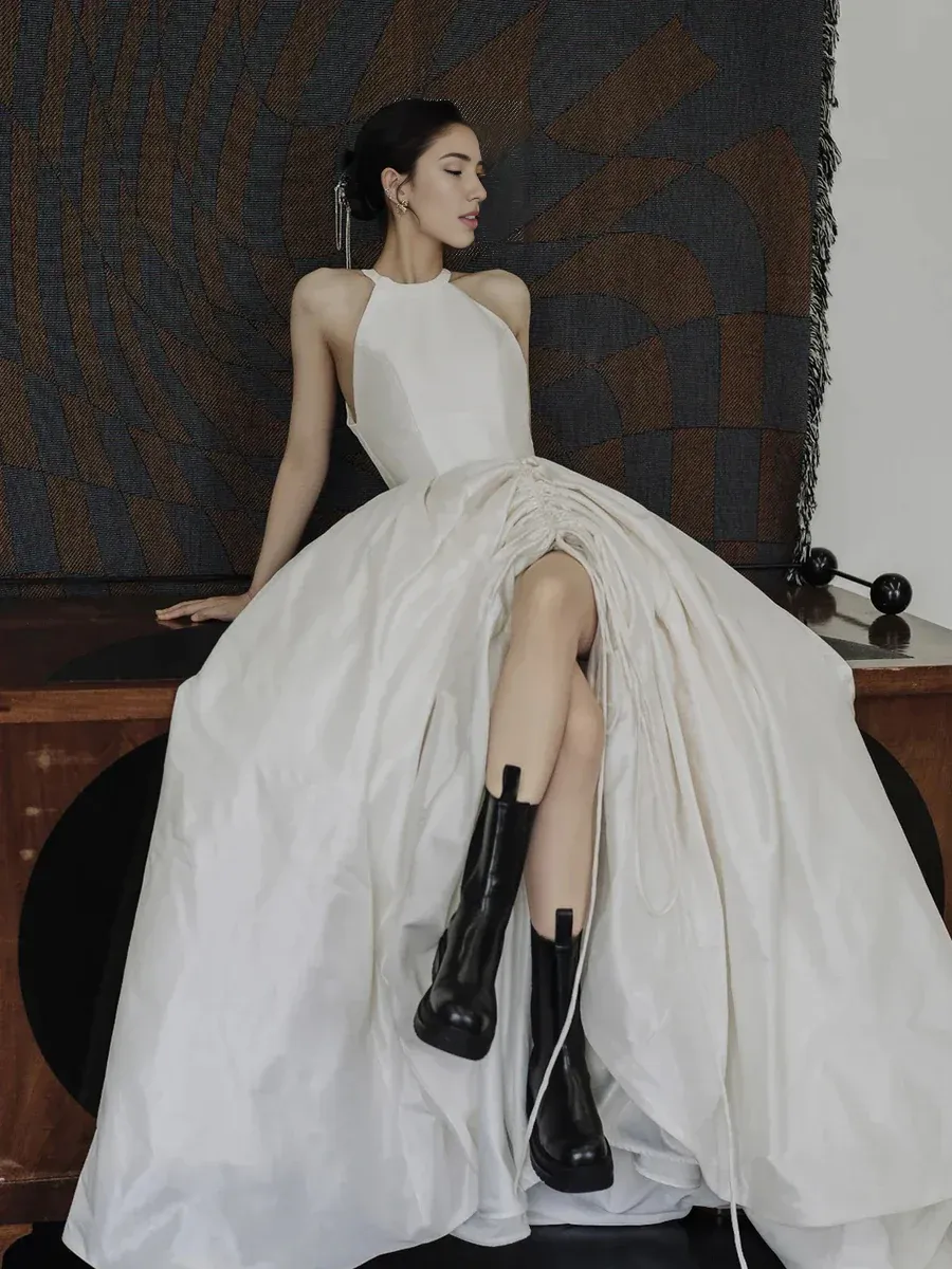 Formal Wear Dresses White Elegant Halter Satin A-Line Long Prom Dress Prom Dresses Shops Formal Women's Dresses