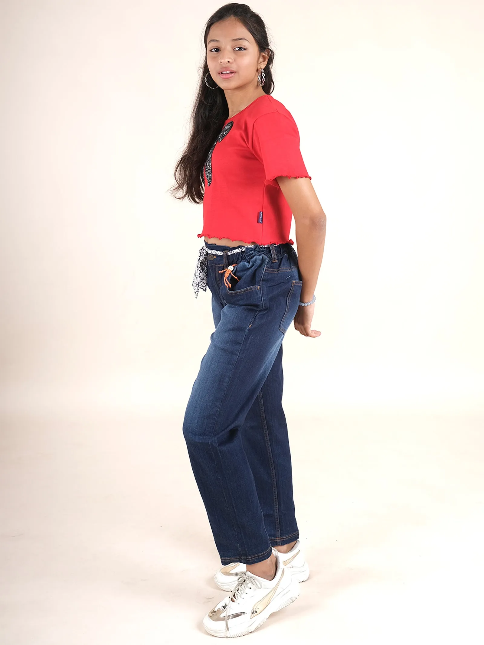 Girls Cotton Printed Crop Tee With Paper Bag Jeans & Belt Set