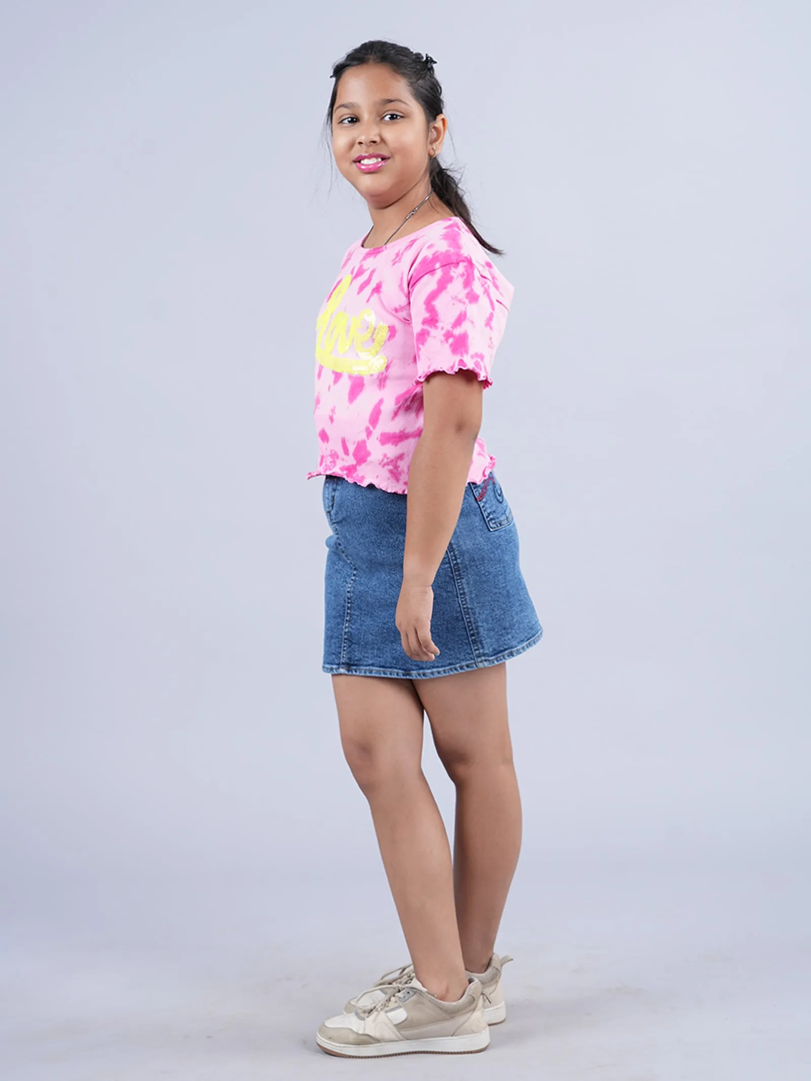 Girls Crop Tie & Dye Tee & Fashion Denim Skirt Set