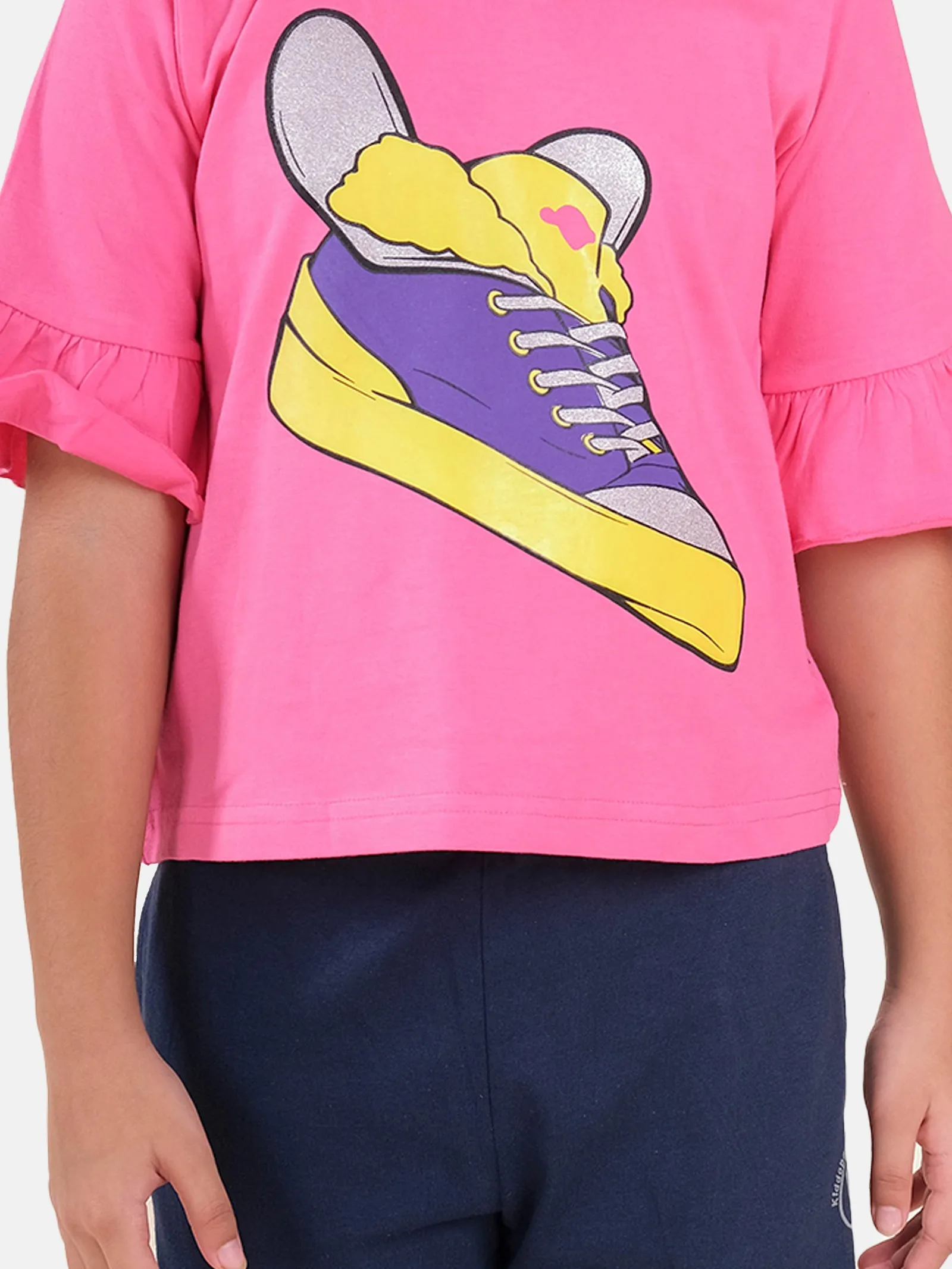 Girls Printed Frill Half Sleeve T-Shirt & Solid Track Pant Set