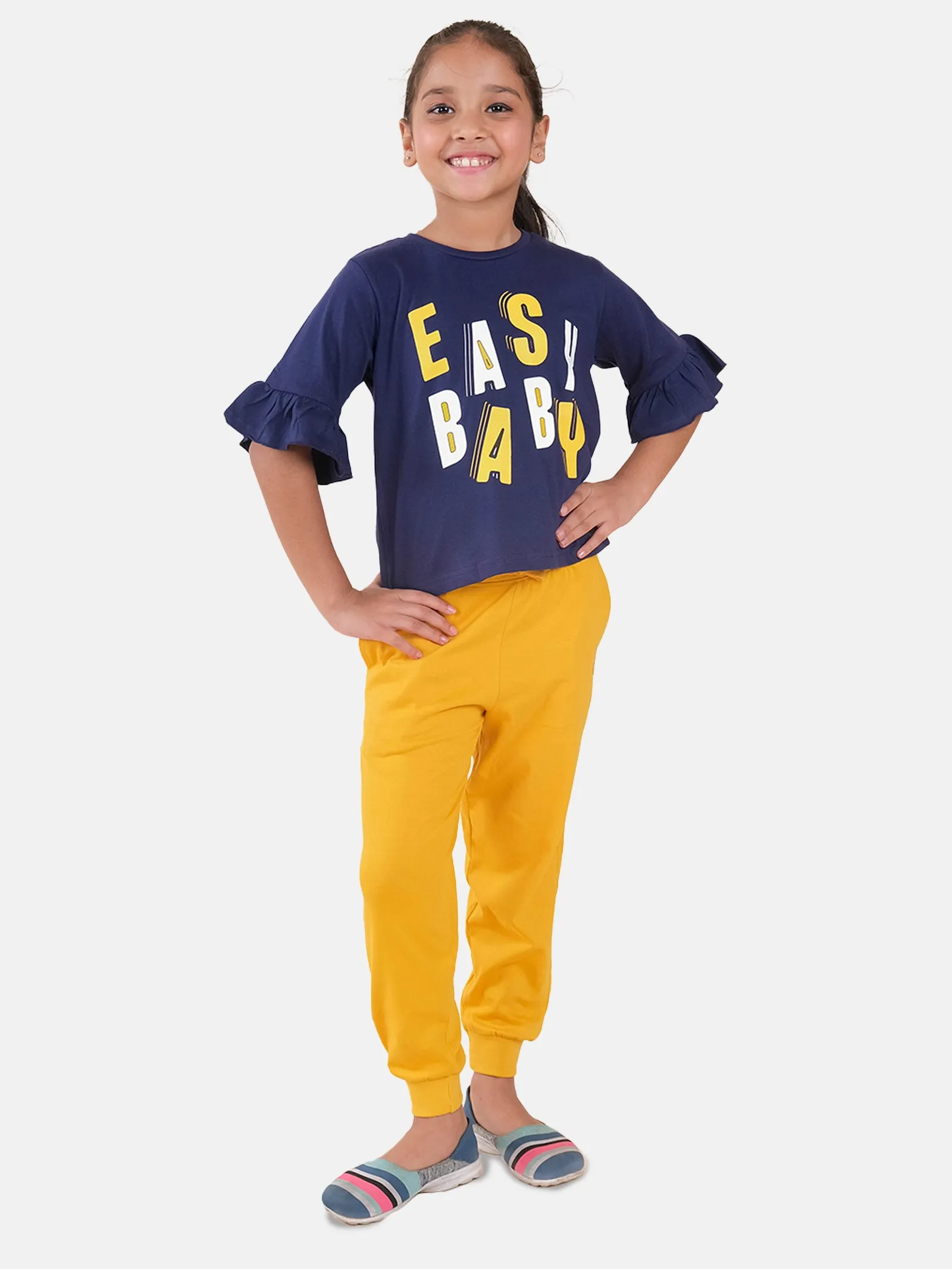 Girls Printed Frill Half Sleeve T-Shirt & Solid Track Pant Set