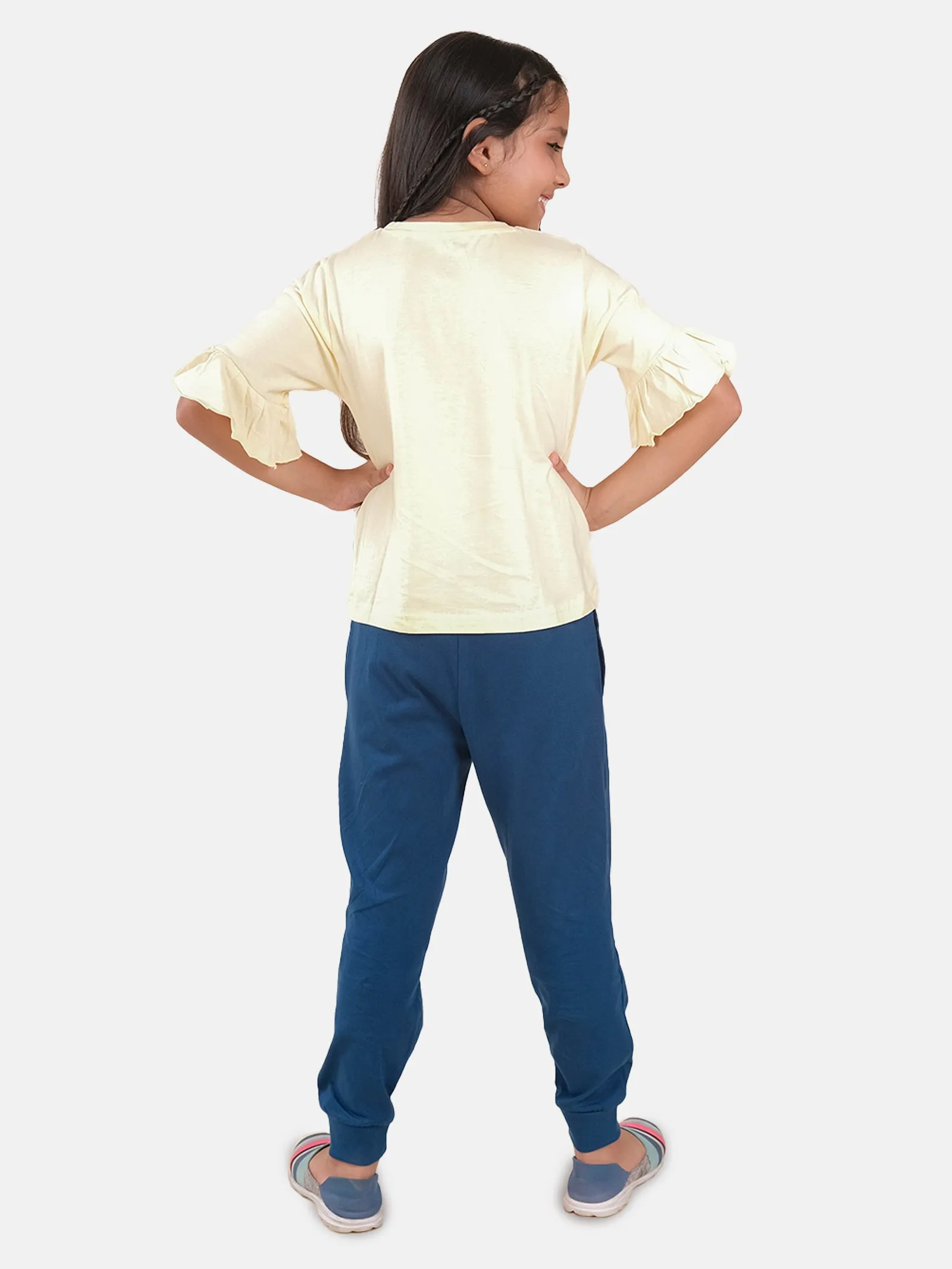 Girls Printed Frill Half Sleeve T-Shirt & Solid Track Pant Set