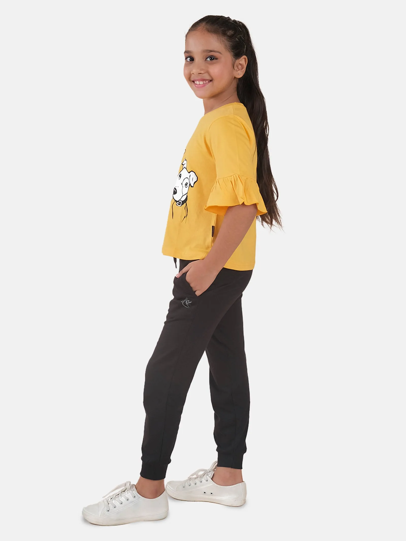Girls Printed Frill Half Sleeve T-Shirt & Solid Track Pant Set
