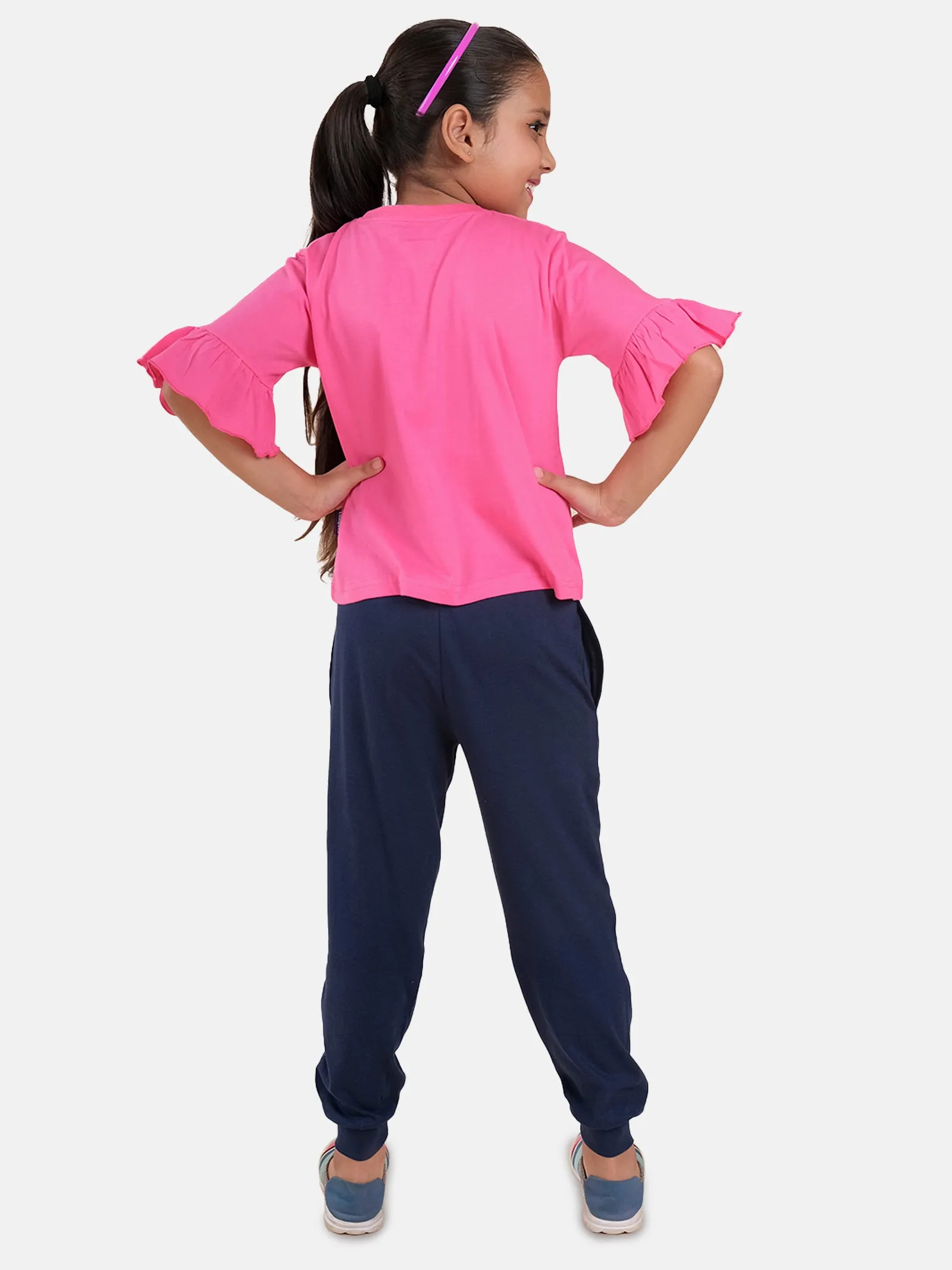 Girls Printed Frill Half Sleeve T-Shirt & Solid Track Pant Set