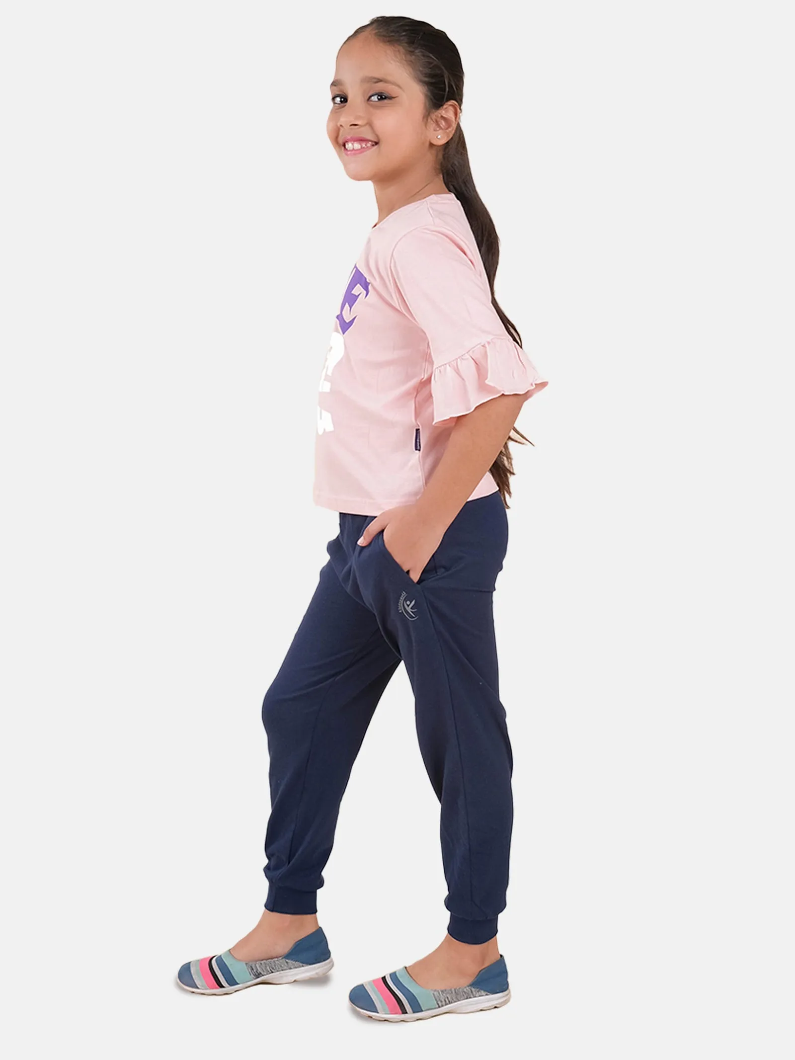 Girls Printed Frill Half Sleeve T-Shirt & Solid Track Pant Set