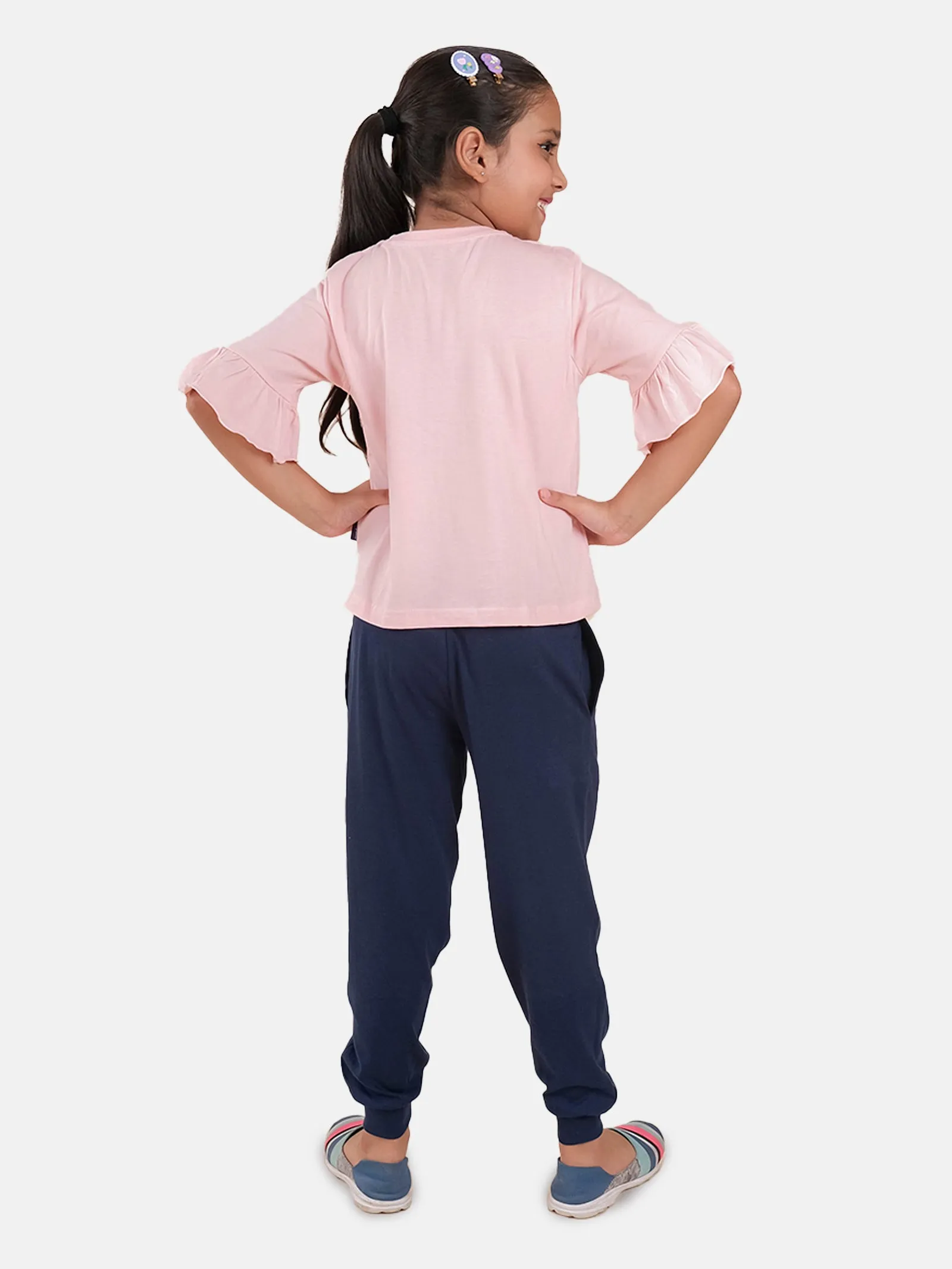 Girls Printed Frill Half Sleeve T-Shirt & Solid Track Pant Set