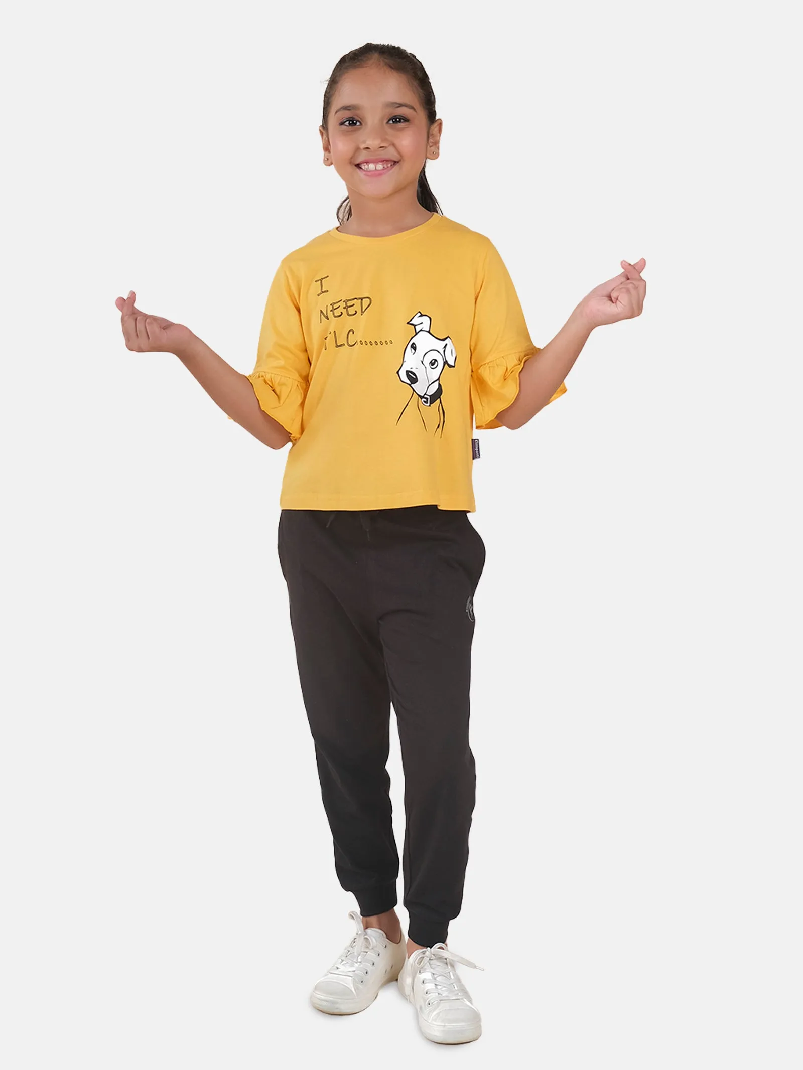 Girls Printed Frill Half Sleeve T-Shirt & Solid Track Pant Set
