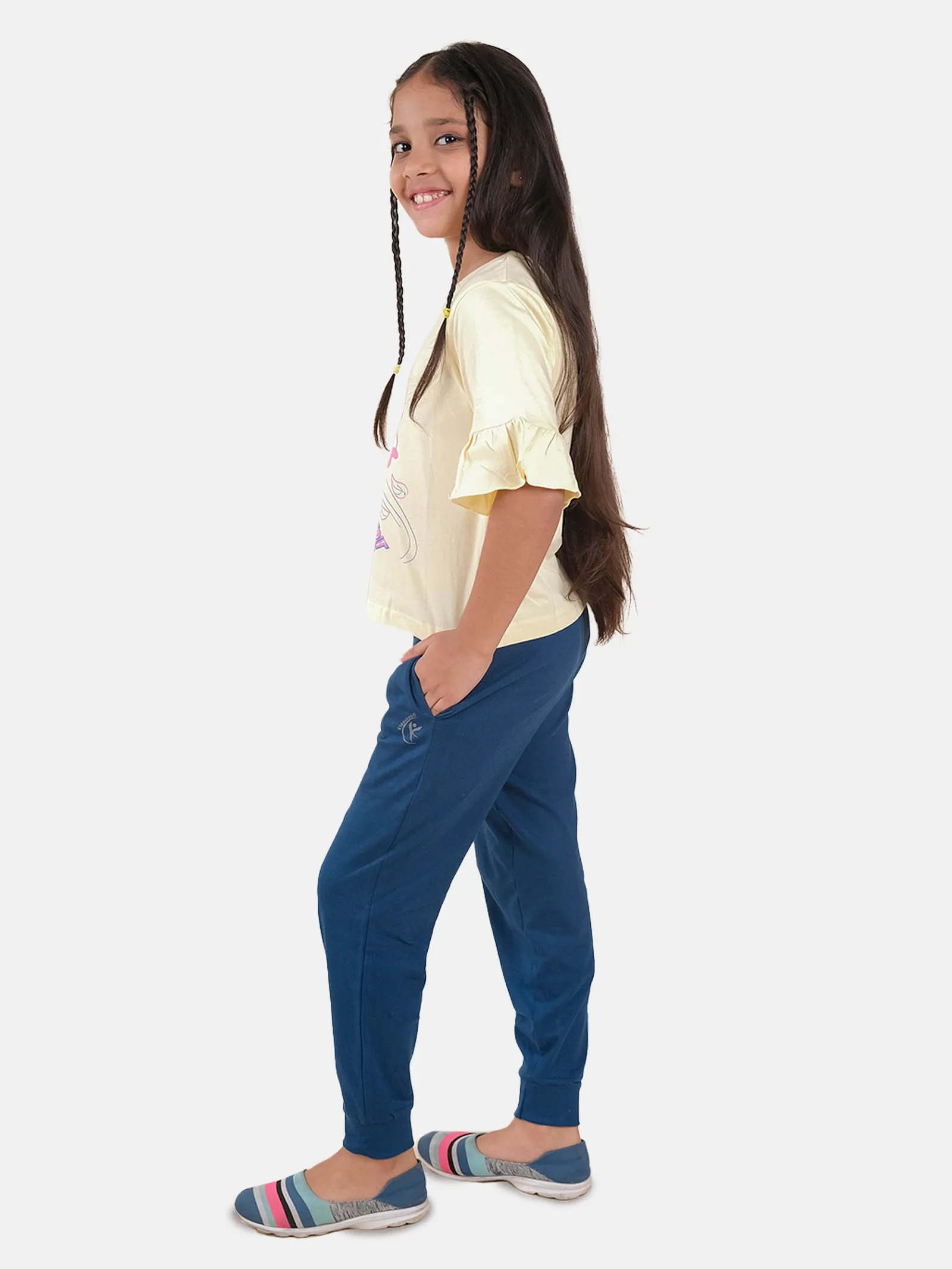 Girls Printed Frill Half Sleeve T-Shirt & Solid Track Pant Set