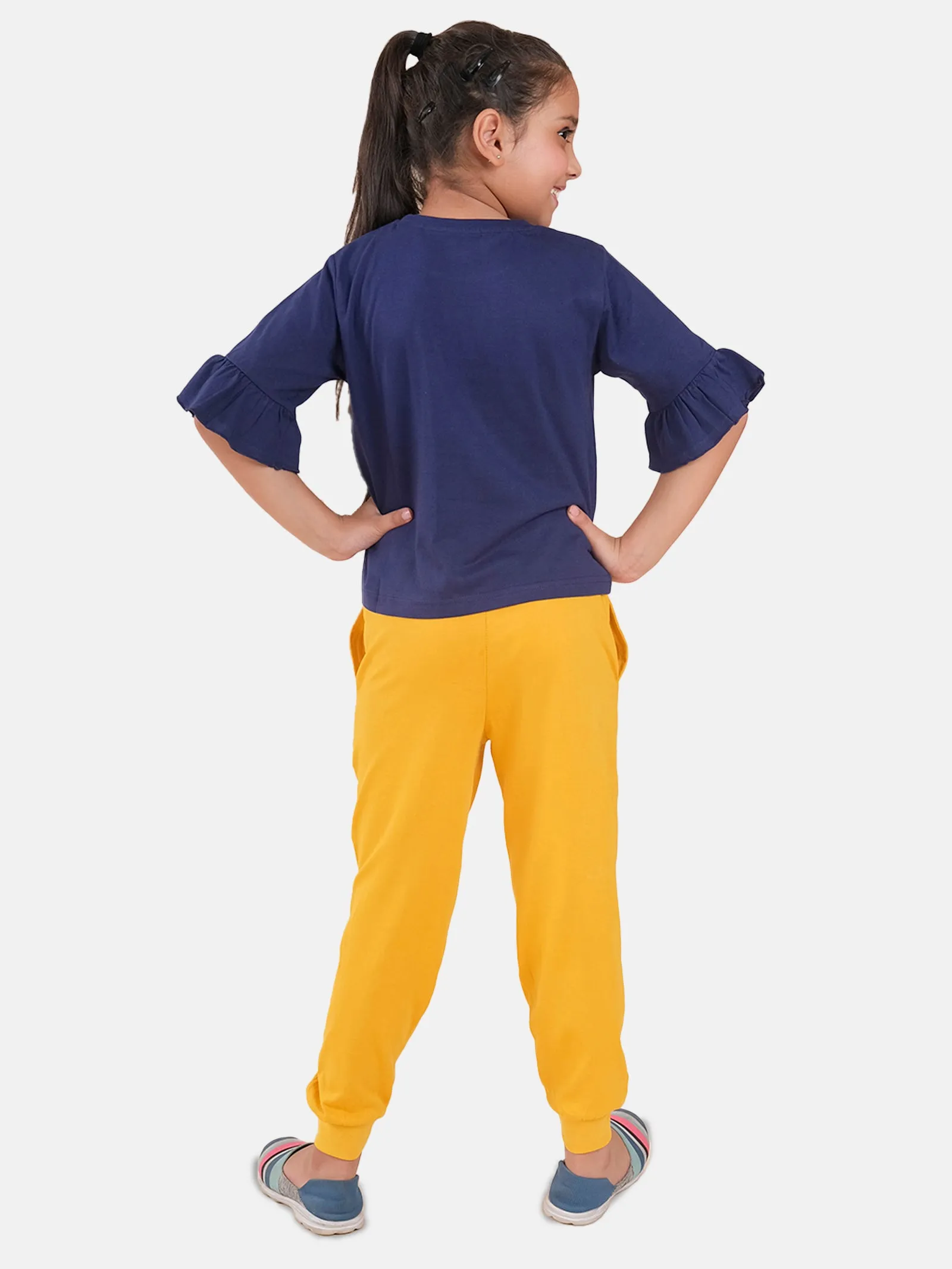 Girls Printed Frill Half Sleeve T-Shirt & Solid Track Pant Set