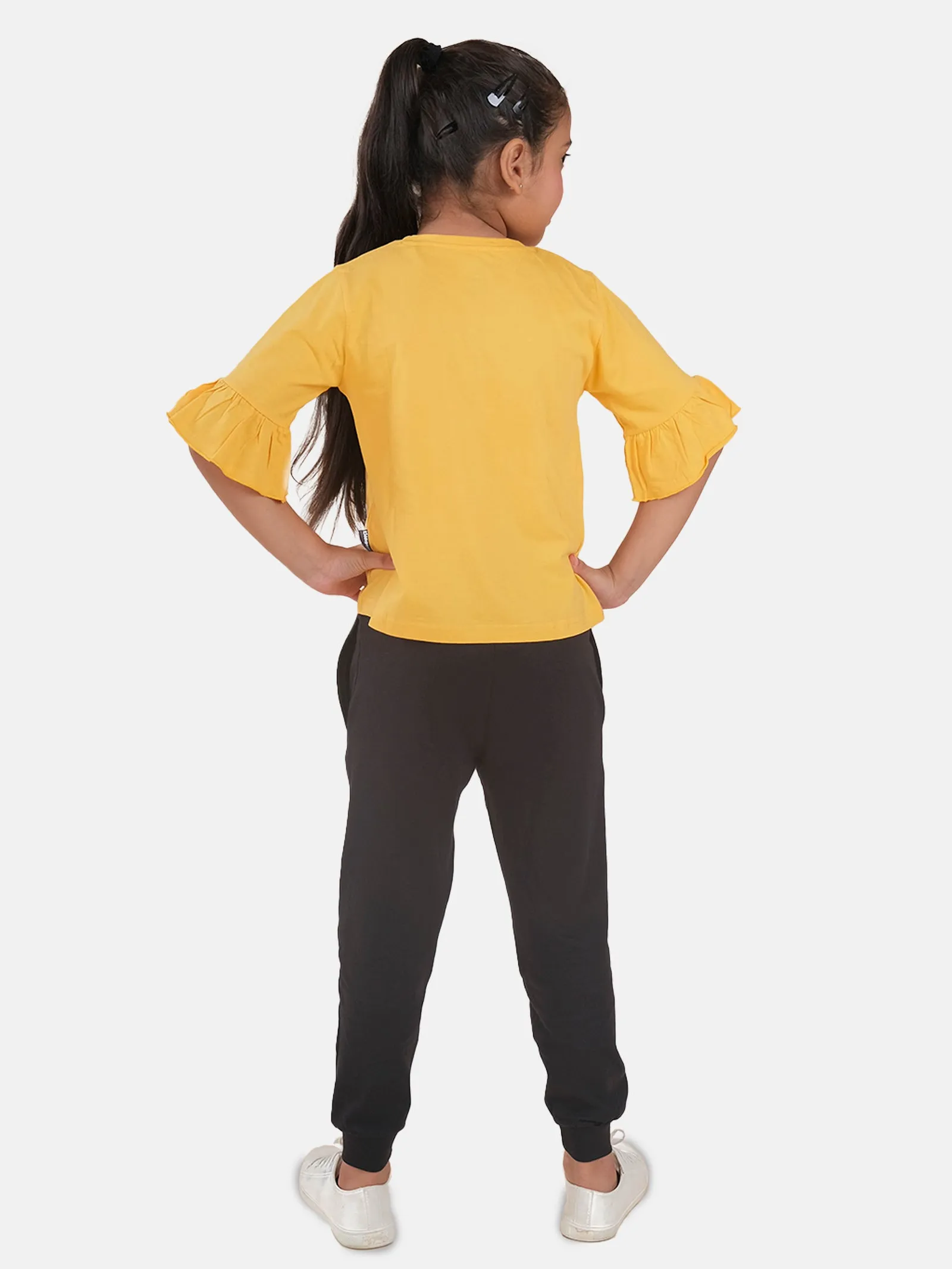 Girls Printed Frill Half Sleeve T-Shirt & Solid Track Pant Set