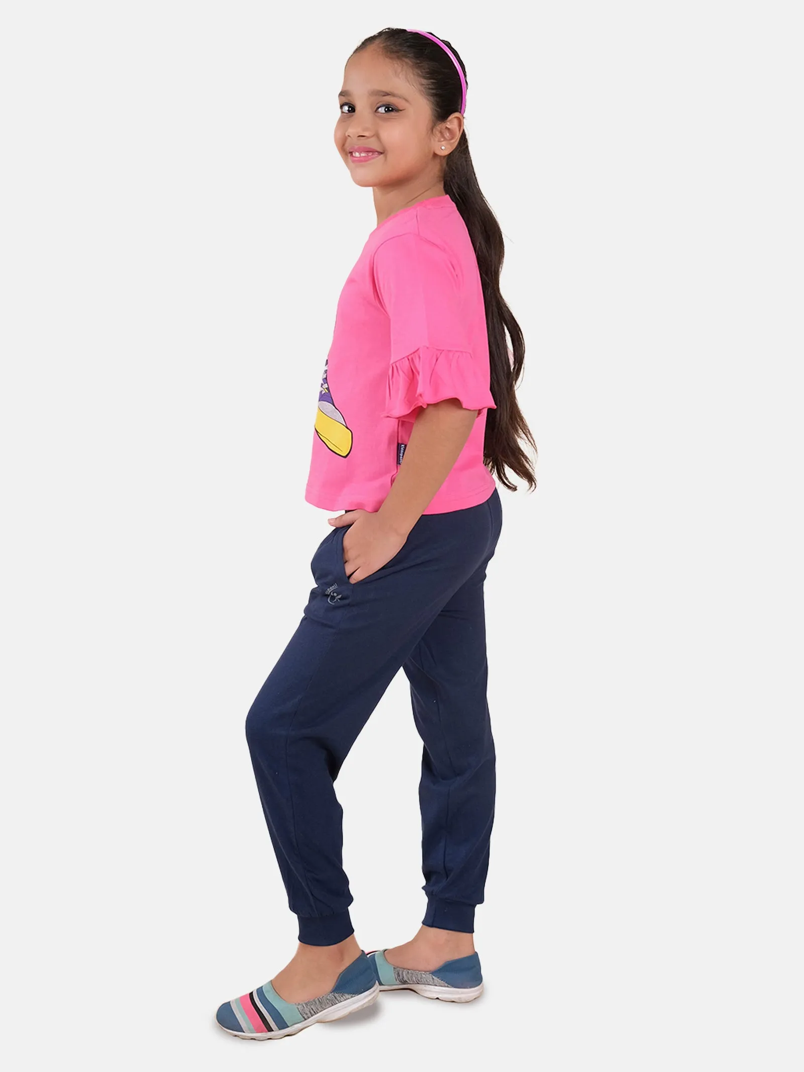 Girls Printed Frill Half Sleeve T-Shirt & Solid Track Pant Set