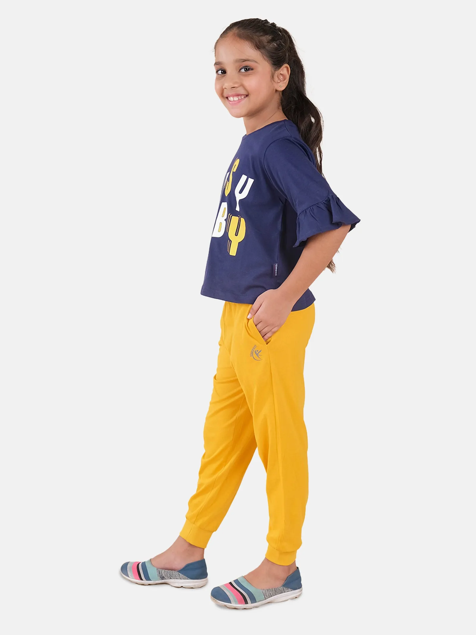 Girls Printed Frill Half Sleeve T-Shirt & Solid Track Pant Set