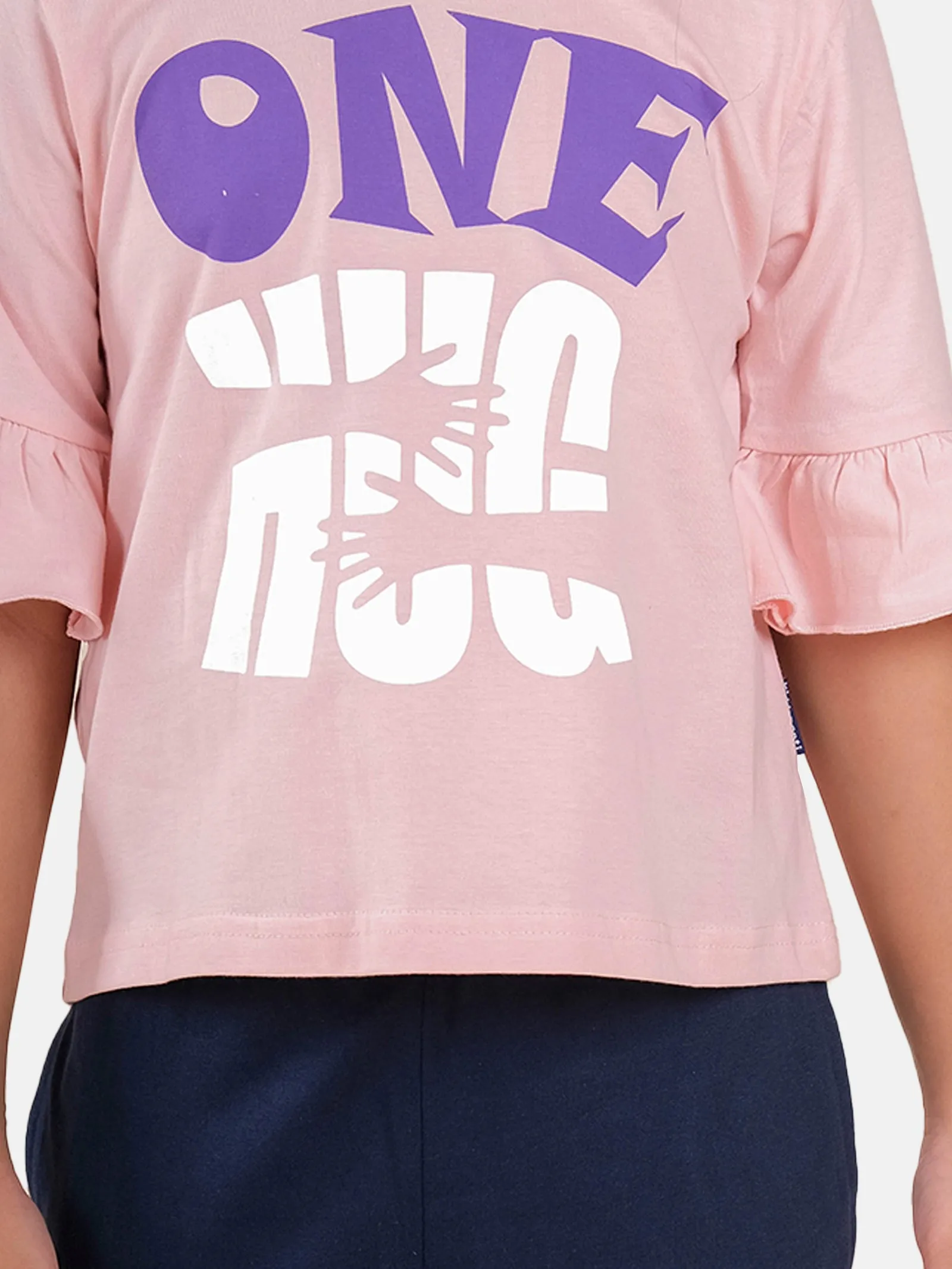 Girls Printed Frill Half Sleeve T-Shirt & Solid Track Pant Set