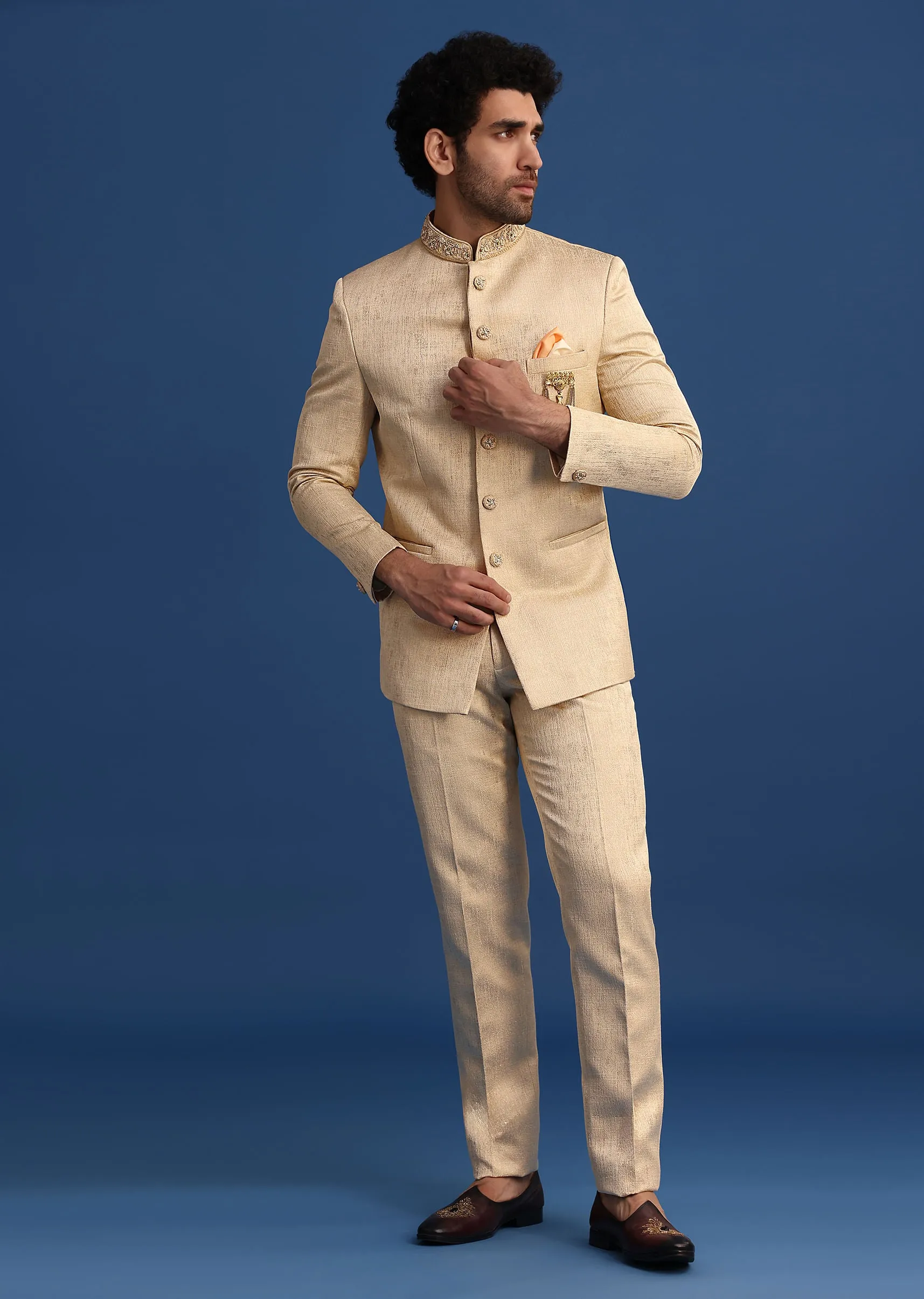 Gold Embroidered Jodhpuri Set with Hand Work