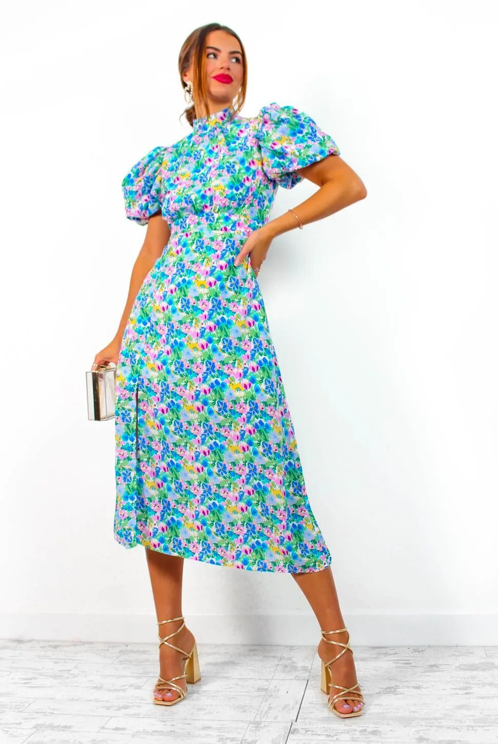 Got The Flower - Blue Lilac Floral Print Midi Dress