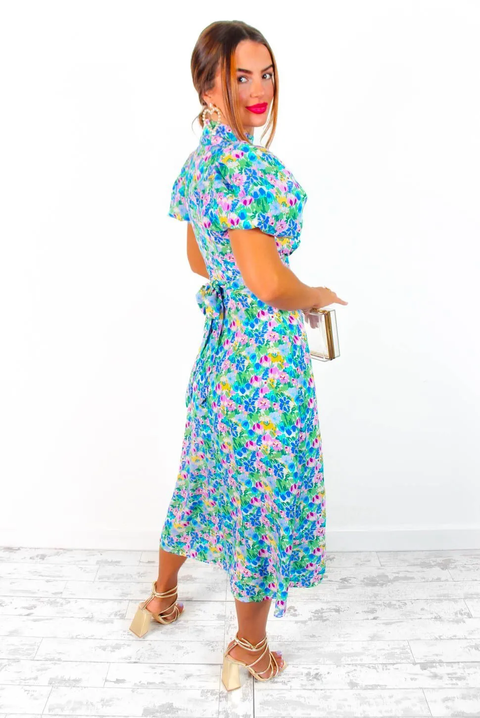 Got The Flower - Blue Lilac Floral Print Midi Dress