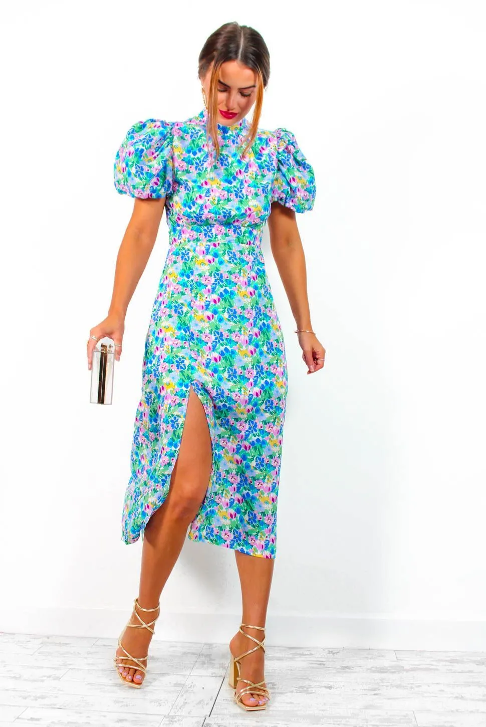 Got The Flower - Blue Lilac Floral Print Midi Dress