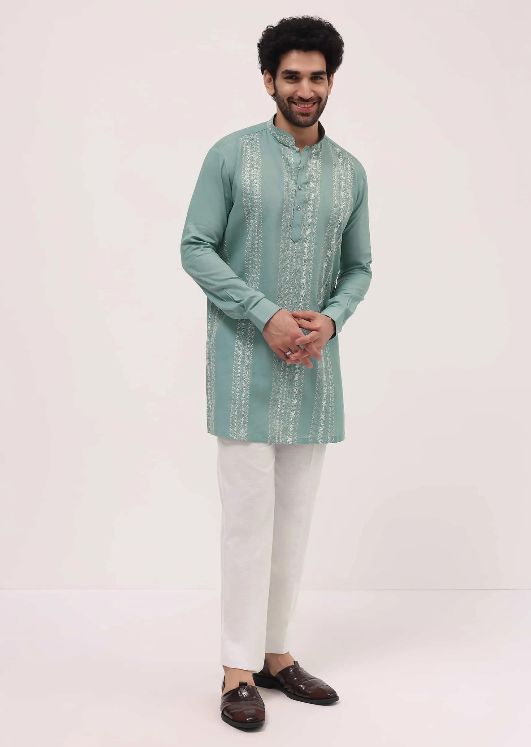 Green Cotton Kurta Set With Resham Work For Men