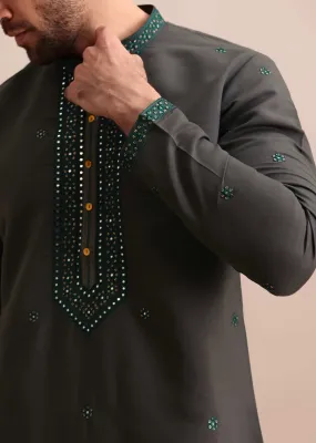Grey Silk Kurta Set In Resham Work For Men