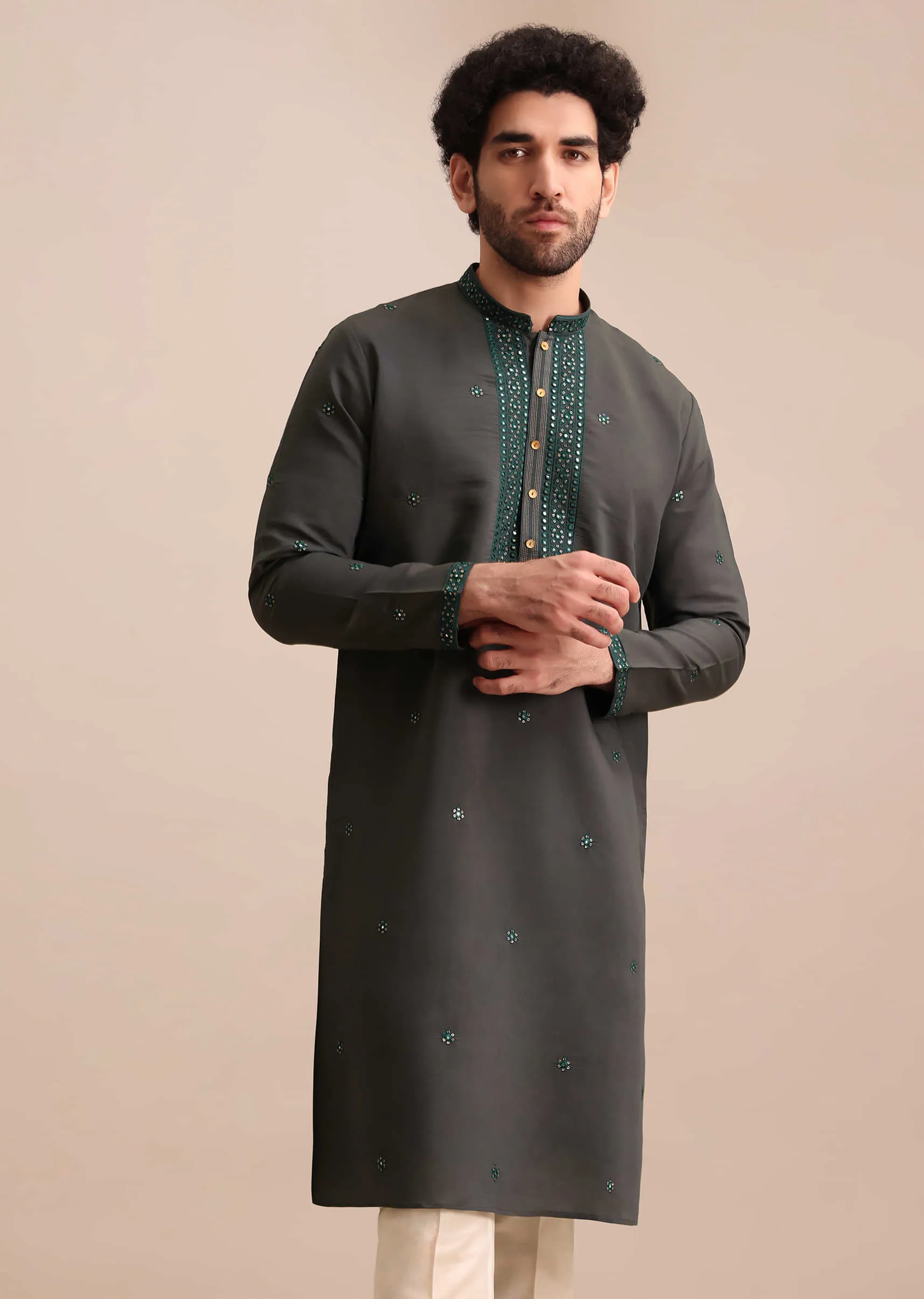 Grey Silk Kurta Set In Resham Work For Men