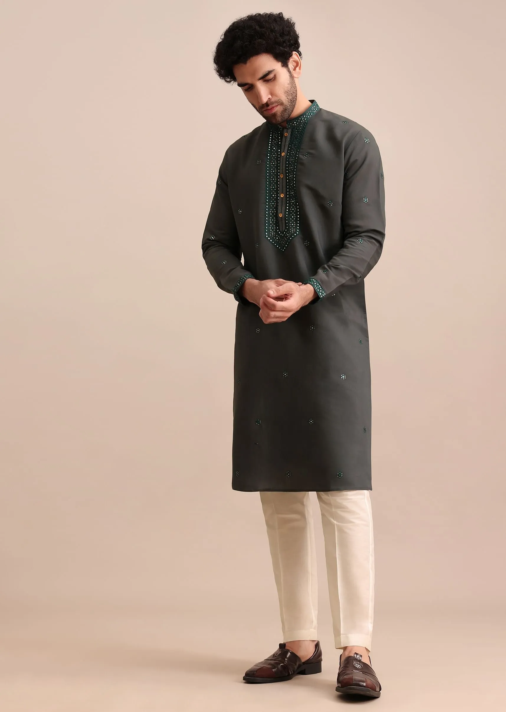Grey Silk Kurta Set In Resham Work For Men