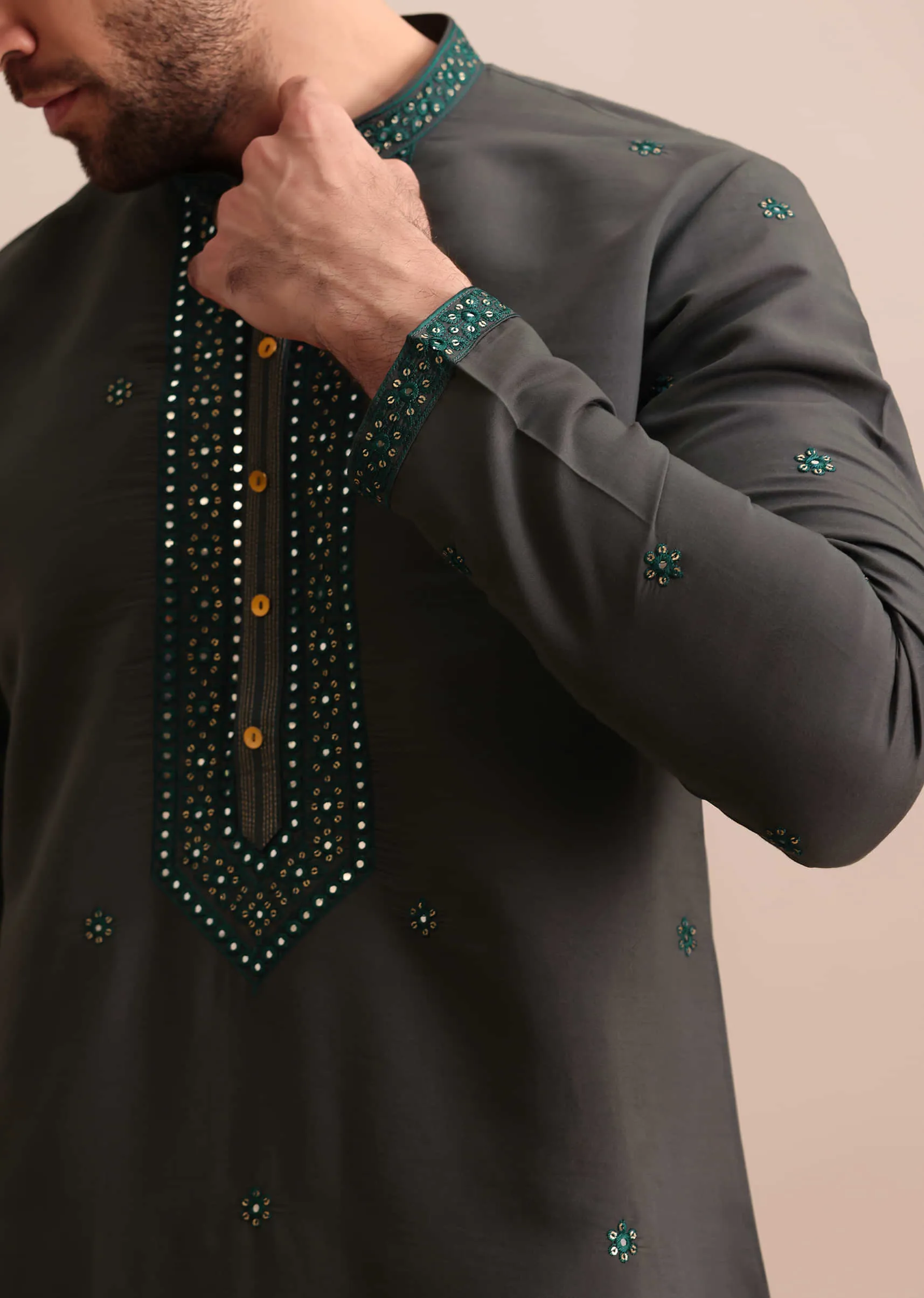 Grey Silk Kurta Set In Resham Work For Men