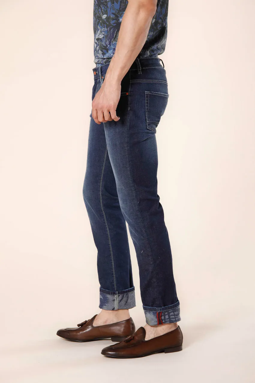 Harris 5 tasche pantalone uomo in denim stretch con pattern fiore blu slim