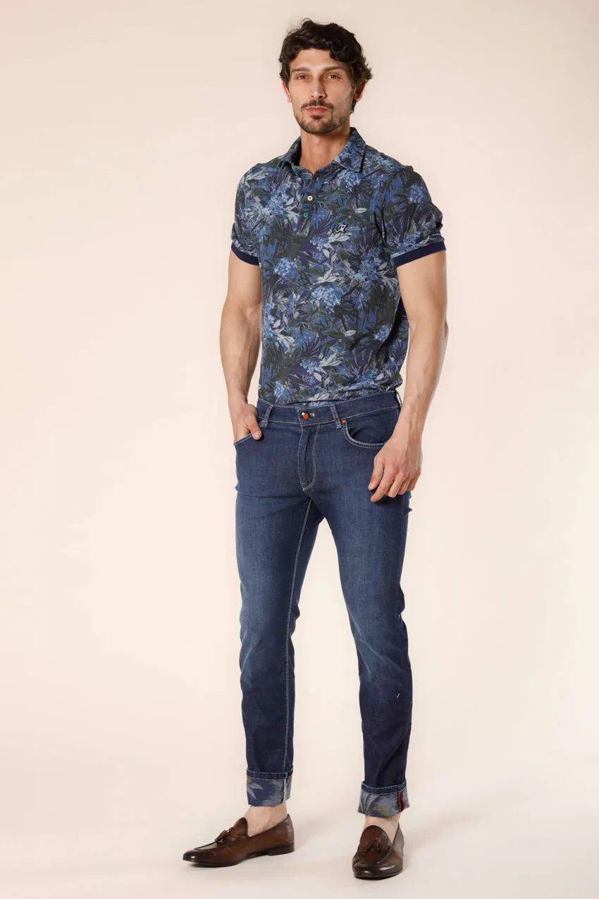 Harris 5 tasche pantalone uomo in denim stretch con pattern fiore blu slim