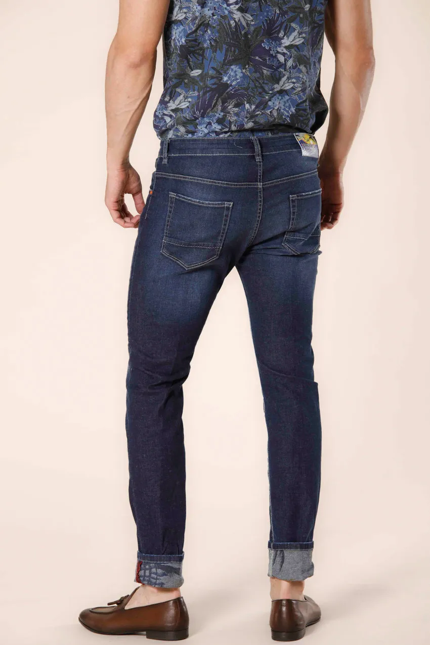 Harris 5 tasche pantalone uomo in denim stretch con pattern fiore blu slim