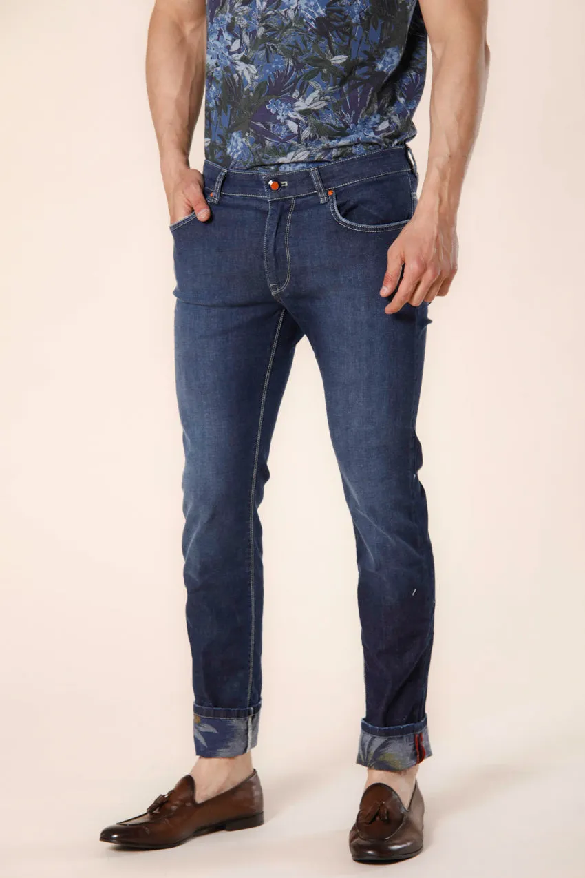 Harris 5 tasche pantalone uomo in denim stretch con pattern fiore blu slim