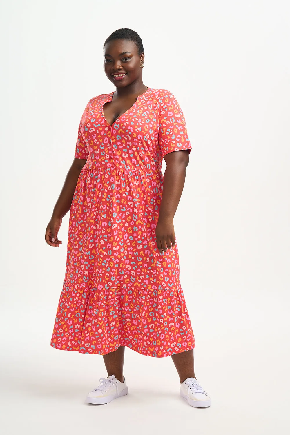 Heather Jersey Midi Smock Dress - Red, Summer Leopard