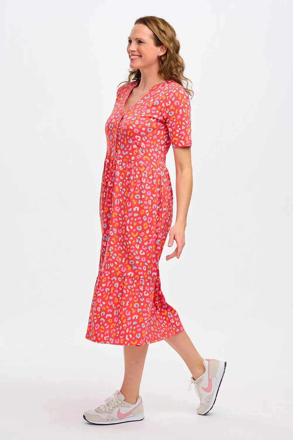 Heather Jersey Midi Smock Dress - Red, Summer Leopard