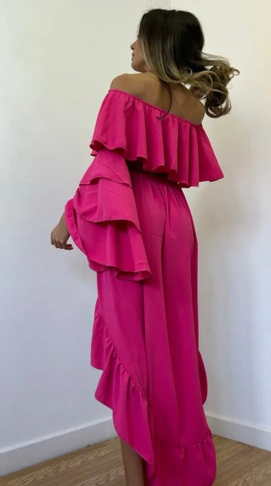 Hot Pink Chiffon Frill Suit
