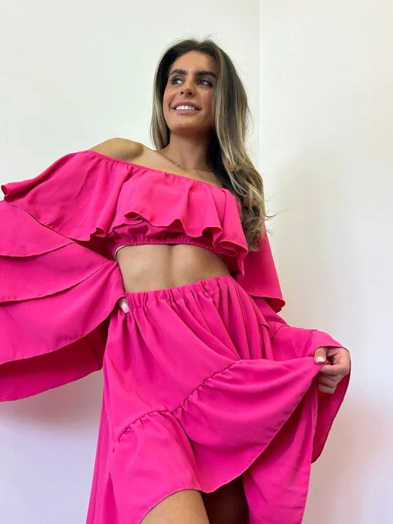 Hot Pink Chiffon Frill Suit